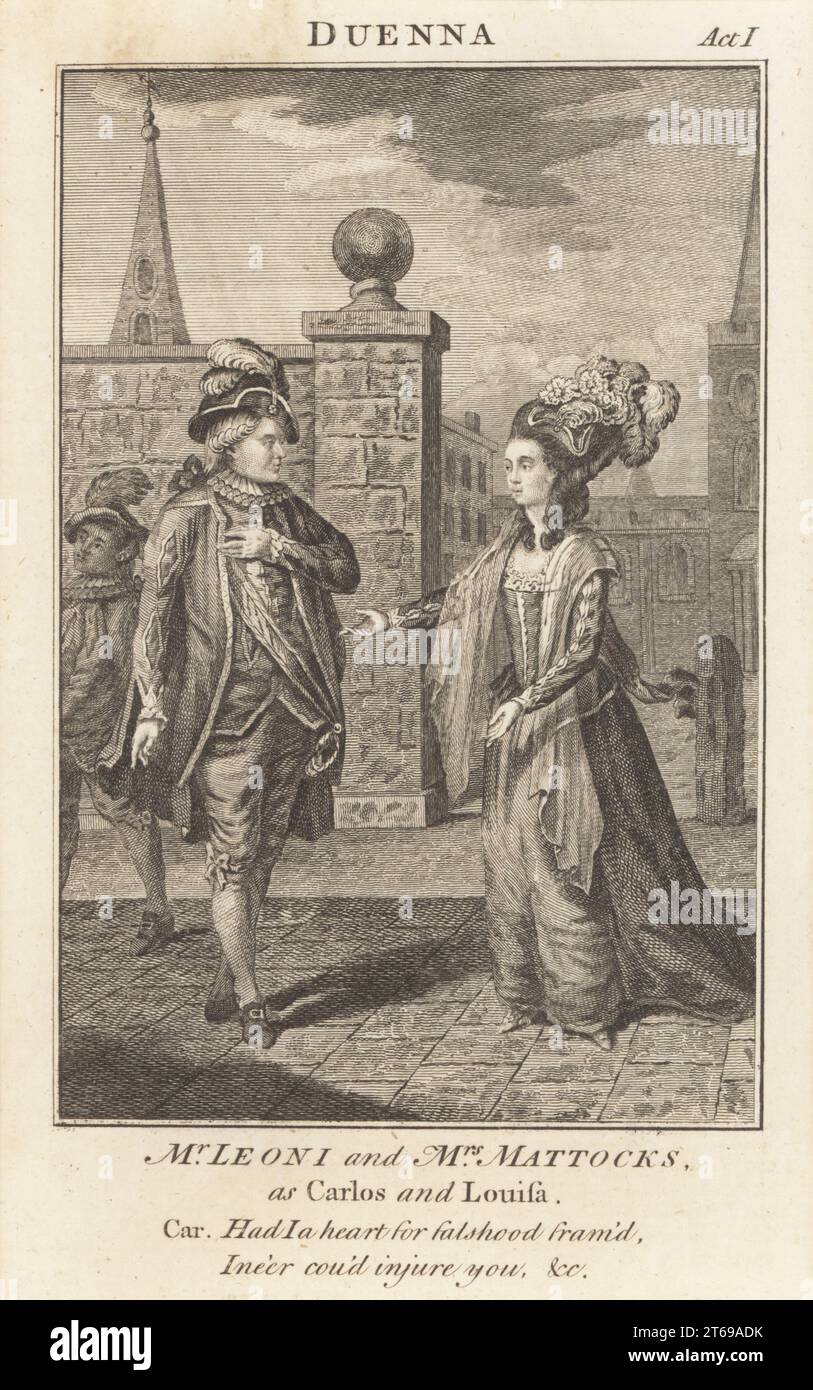 Leoni AS Don Carlos e Isabella Mattocks AS Donna Louisa in the Duenna, opera comica composta da Thomas Linley con libretto di Richard Brinsley Sheridan, Covent Garden Theatre, 21 novembre 1775. Myer Lyon, scenico Michael Leoni, cantante d'opera tenore a Londra, ca. 1750-1797. Isabella Mattocks, attrice inglese e cantante soprano, 1746-1826. Incisione su copperplate da una rivista inglese del 18th° secolo. Foto Stock