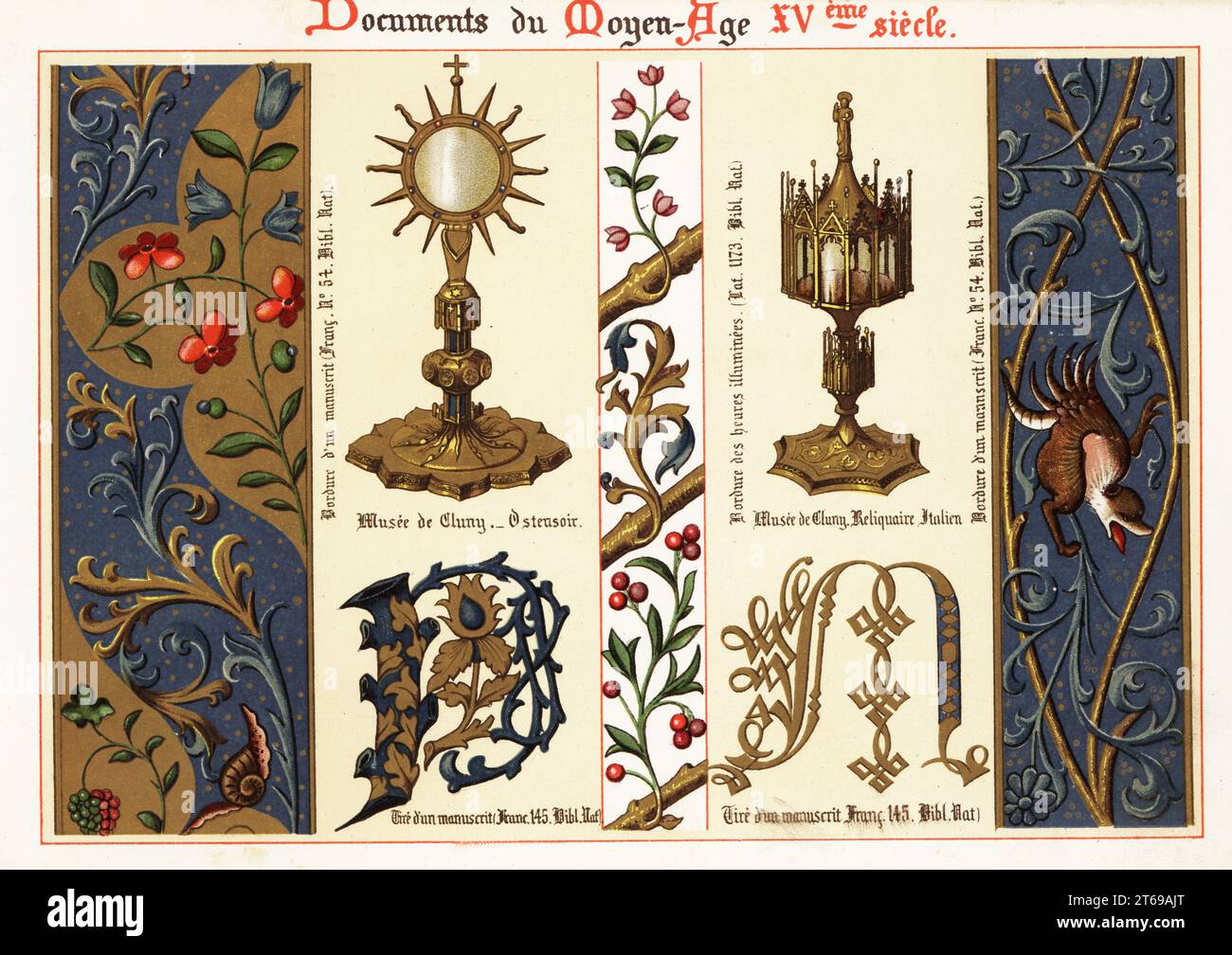 Monstrance e reliquiario italiano dal Musee de Cluny, lettere iniziali e confini da manoscritti miniati e un libro delle ore, XV secolo. Musee de Cluny, Ostensoir,. Reliquaire Italien, Tire dun manuscrit Franc. 145 Bib. NAT., Bordure des heures illuminees Latin 1173, Bordure dun manuscrit Franc. 54. Chromolithograph designed and litographed by Ernst Guillot from Ornementation des Manuscrits au Moyen-Age, XVe Siecle (ornamenti da manoscritti del Medioevo, XV secolo), Parigi, 1890. Foto Stock