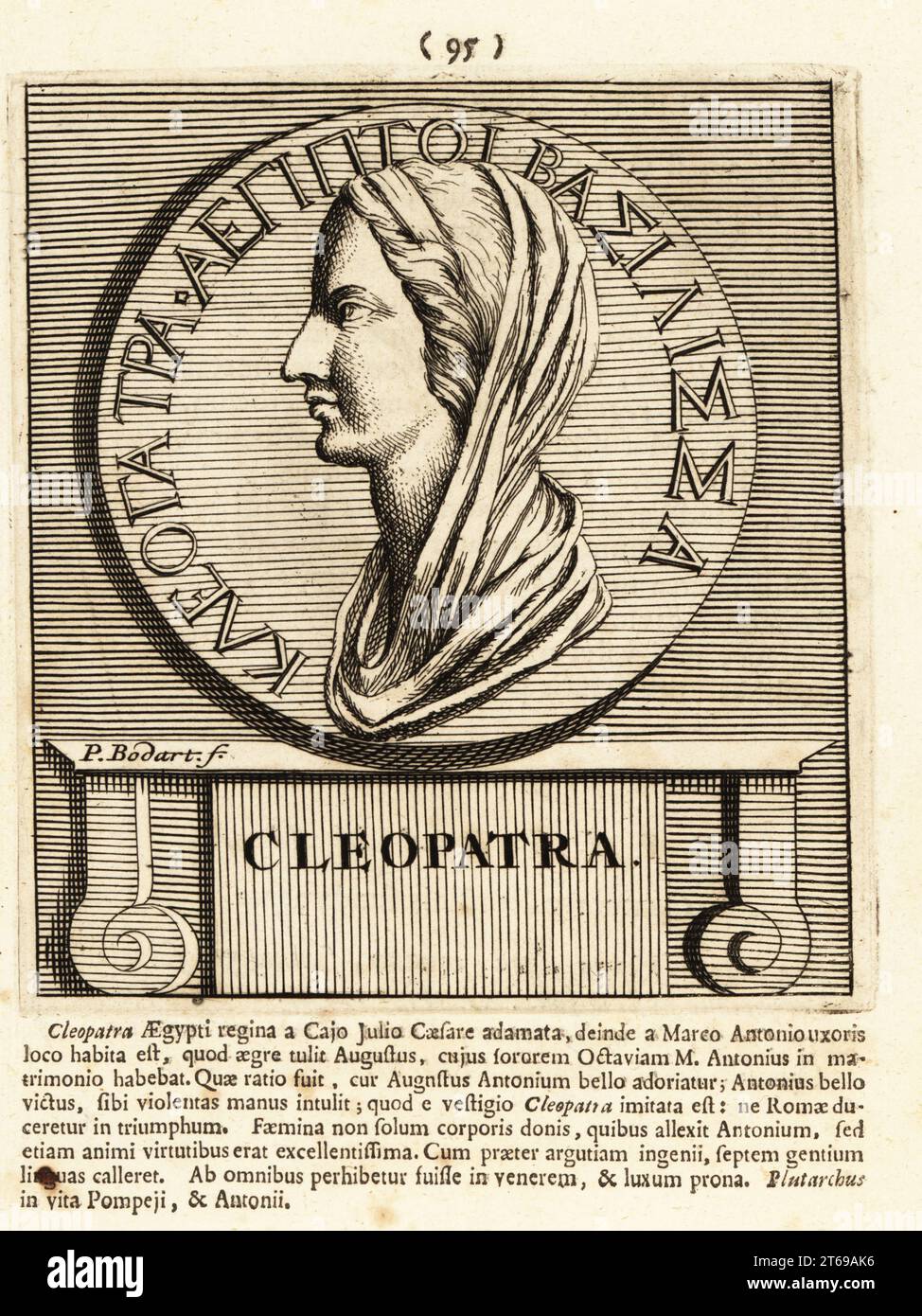 Cleopatra VII Filopatore, 69-30 a.C., regina del regno tolemaico d'Egitto, amante di Marco Antonio. Ritratto del profilo in velo da una moneta. Incisione su lastra di rame di Pieter Bodart (1676-1712) da Henricus Spoors Deorum et Heroum, Virorum et Mulierum Illustrium Imagines Antiquae Illustatae, Gods and Heroes, Men and Women, Illustrated with Antique Images, Petrum, Amsterdam, 1715. Pubblicato per la prima volta come Favissæ utriusque antiquitatis tam Romanæ quam Græcæ nel 1707. Henricus Spoor era un medico olandese, studioso classico, poeta e scrittore, fl. 1694-1716. Foto Stock