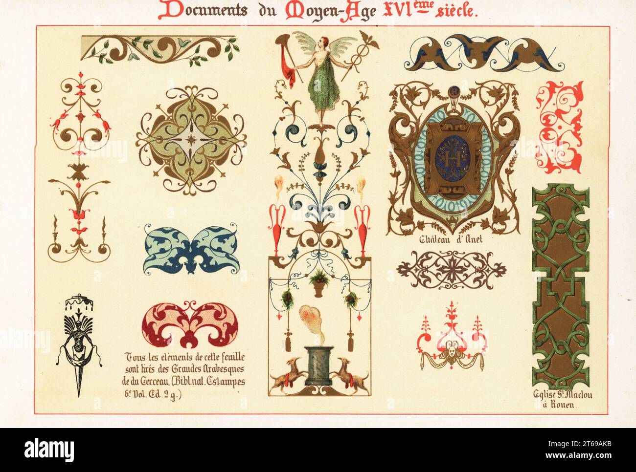 Elementi di design dai manoscritti del XVI secolo. Preso dagli arabesques Grandes di du Cerceau da Jacques Androuet, e scudo armato dallo Chateau Danet. Cromolitografia progettata e litografata da Ernst Guillot da Elements d'Ornementation du XVIe Siecle, Elements of Ornament of the XVI secolo, Renouard, Parigi, 1890. Foto Stock