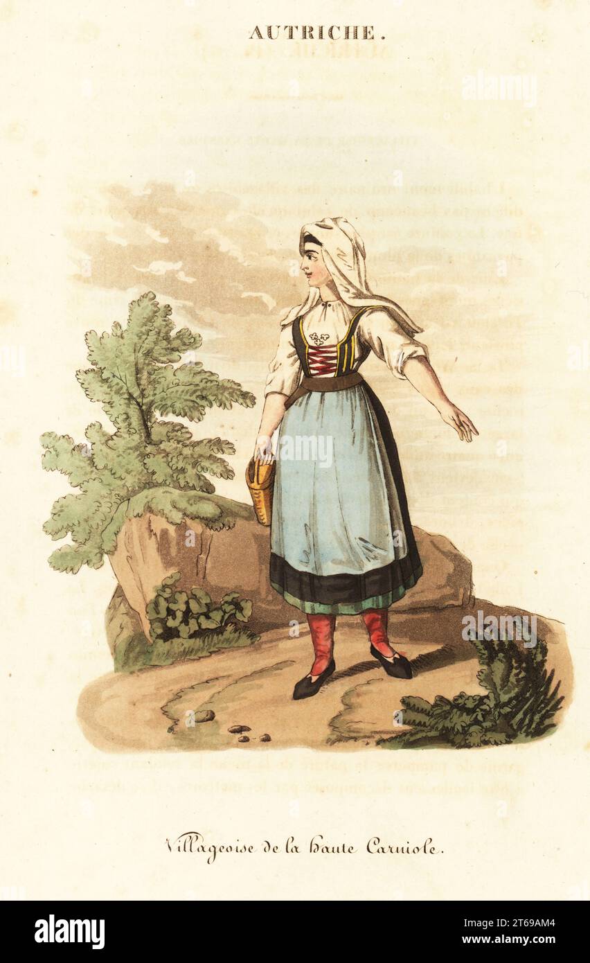 Contadina slovena (alta Carniola), XVIII secolo. In estate, vesti con foulard peca, shift, corpetto nero, scarpe rosse e calze. Villageoise de la haute Carniole. Incisione su copperplate a mano dopo un'illustrazione di William Alexander di J-B.. Eyries l'Autriche: Costumes, Moeurs et Usages des Autrichiens, Austria: Costumes, Manners and Mores of the Austrians, Librairie de Gide Fils, Parigi, 1823. Jean-Baptiste Eyries (1767-1846) è stato un geografo, autore e traduttore francese. Foto Stock