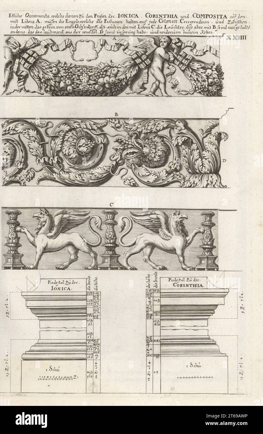 Fregio ornamenti di ordine ionico con cupidi e festoni, corinzio con fogliame e composito con griffini, piedistalli ionici e corinzi. Ionica, Corinthia und Composita. Incisione su lastra di rame di Johann Franck di Joachim von Sandrarts LAcademia Todesca, della Architectura, Scultura & Pittura, oder Teutsche Academie, der Edlen Bau- Bild- und Mahlerey-Kunste, Accademia tedesca di architettura, scultura e pittura, Jacob von Sandrart, Norimberga, 1675. Foto Stock