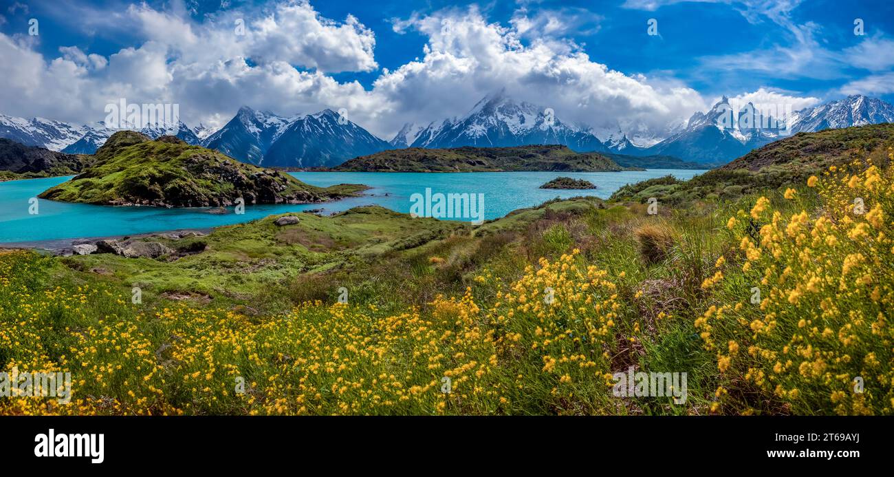 Laghi glaciali turchesi e la Cordillera del Paine nel Parco Nazionale Torres del Paine in Patagonia, Cile meridionale, Sud America. Foto Stock