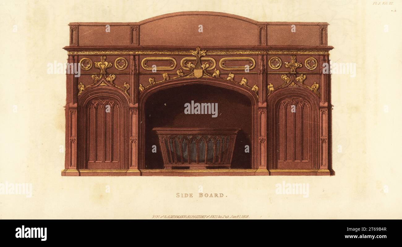 Pannello laterale gotico. Gabinetto nello stile di Enrico III mescolato con il XV secolo in palissandro e ormolu. Incisione su copperplate colorata a mano di Rudolph Ackermanns Repository of Arts, Literature, Fashions, Manufactures, ecc., Strand, Londra, 1826. Foto Stock