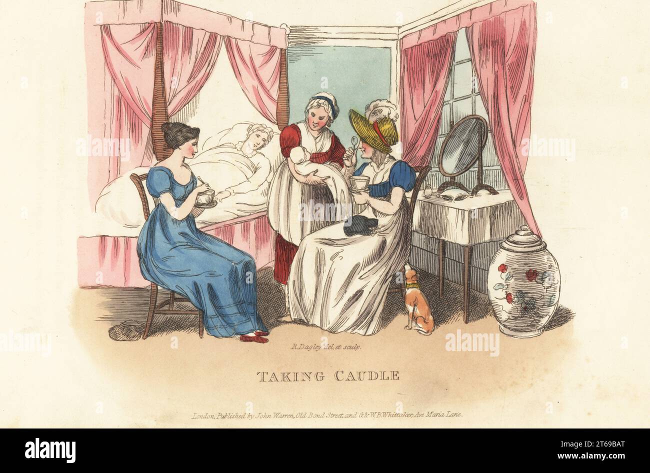 Signore inglesi che celebrano la nascita di un bambino, era Regency. Eliza, moglie di Tom Takeall, sdraiata a letto dopo aver partorito. Tutti i caudle di bevanda, una bevanda calda data agli invalidi e alle nuove madri. Un'infermiera che mostra il bambino a parenti e amici in una camera da letto con letto a baldacchino, specchio, vaso cinese. Prendere Caudle. Foto Stock