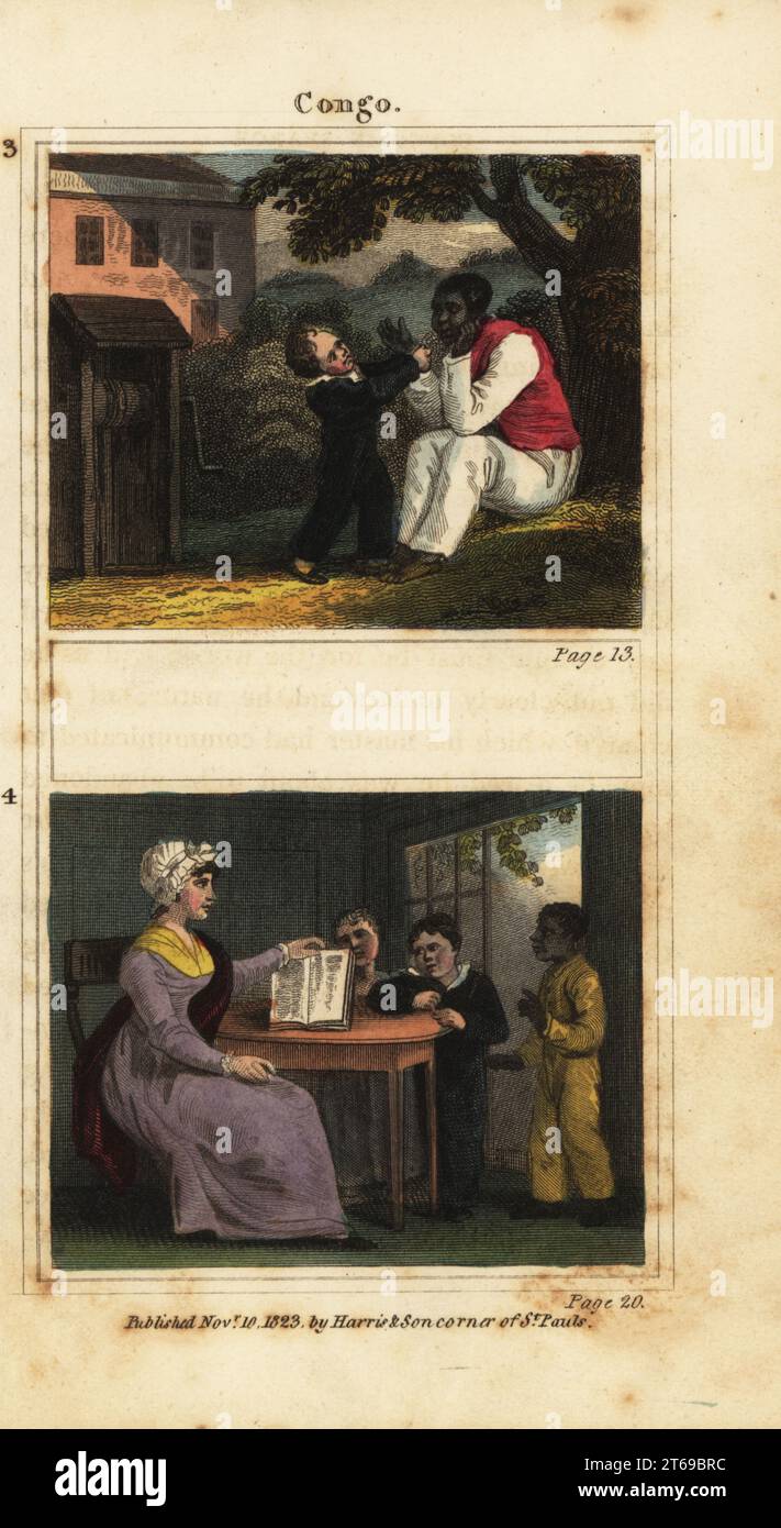 Persona schiavizzata africana Congo angosciata per essere liberata dal suo maestro Stewart 3, e Congo junior che lotta per imparare l'alfabeto 4. Incisione su copperplate a mano da Eliza Rotch Farrars The Adventures of Congo in Search of His Master, J. Harris and Son, Londra, 1823. Eliza Farrar, 1791-1870, era la figlia di una famiglia di baleniere Nantucket che ha scritto diversi libri per bambini. Foto Stock