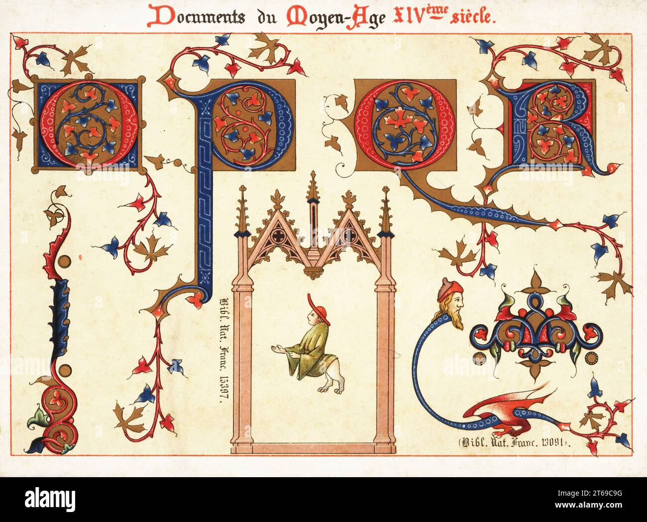 Lettere iniziali OPQR dalla Bibbia miniata di Jean de Sy per il re Jean II di Francia, Jean le Bon, ed elementi e mostri del Salterio di Jean de Berry, XIV secolo. Bibl. NAT. Francais 15397, Bibl. NAT. Franco. 13091. Chromolithograph progettato e litografato da Ernst Guillot dal suo Ornementation des Manuscrits au Moyen-Age (ornamento dai manoscritti del Medioevo), Parigi, 1897. Foto Stock