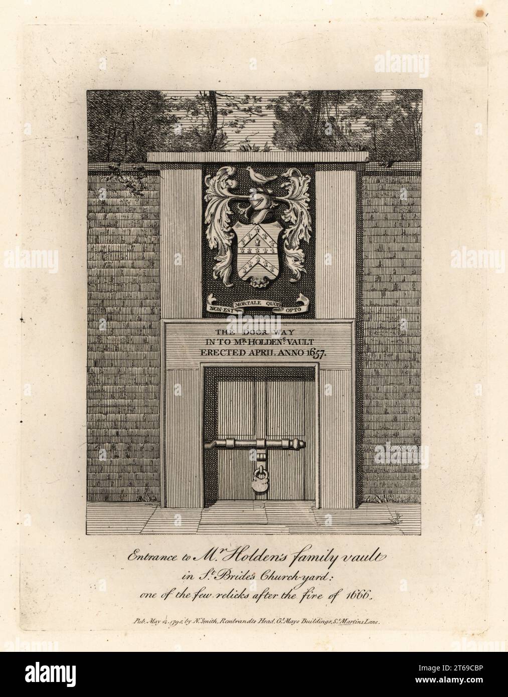 Ingresso alla cripta della famiglia Mr. Holdens a St Il cimitero delle spose, una delle poche reliquie dopo l'incendio di Londra del 1666. Costruito nel 1657 con stemma sopra la porta. Incisione su lastra di rame di John Thomas Smith su disegni originali dei membri della Society of Antiquaries dal suo J.T. Smiths Antiquities of London and ITS Environs, J. Sewell, R. Folder, J. Simco, London, 1795. Foto Stock