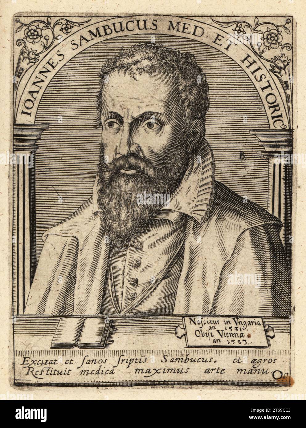 Janos Zsamboky, studioso umanista ungherese, medico e storico, 1531-1584. Joannes Sambucus Medicus et Historicus. Incisione su lastra di rame di Johann Theodore de Bry di Jean-Jacques Boissards Bibliotheca Chalcographica, Johann Ammonius, Francoforte, 1650. Foto Stock