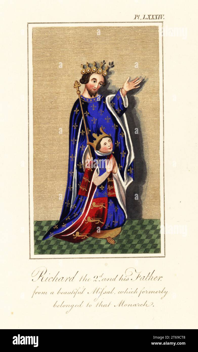 Re Riccardo II (1367-1400) e suo padre, Edoardo il Principe Nero (1330-1376). Entrambi indossano corone e abiti armoriali con stemmi di fleurs-de-lys e leoni. Da un bel missale che apparteneva in passato a Richard II Incisione a mano di Joseph Strutt dalla sua visione completa del vestito e delle abitudini del popolo d'Inghilterra, Henry Bohn, Londra, 1842. Foto Stock