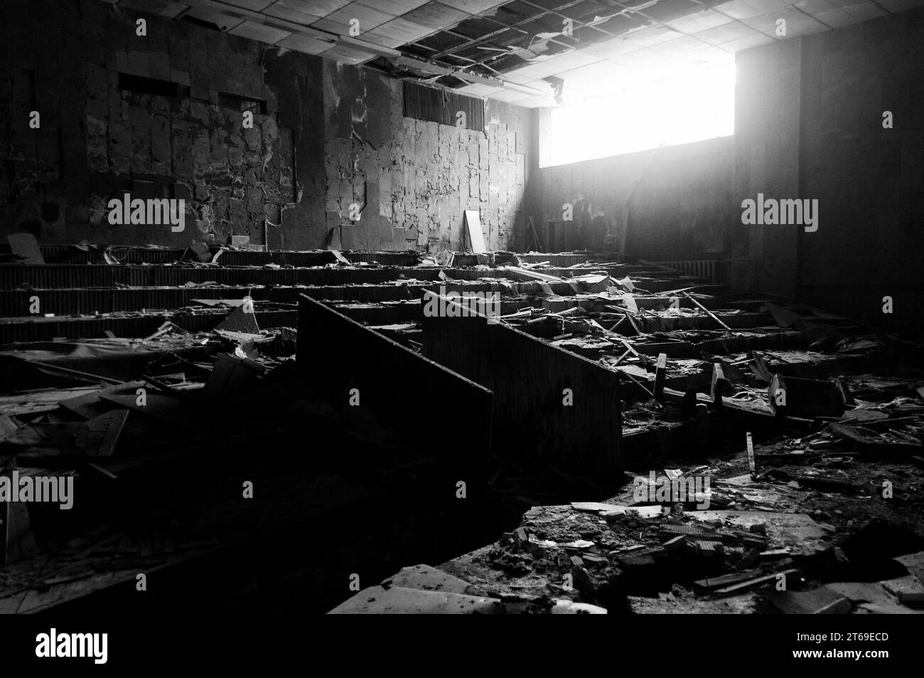 Sala conferenze a Pripyat, vicino a Chernobyl Foto Stock