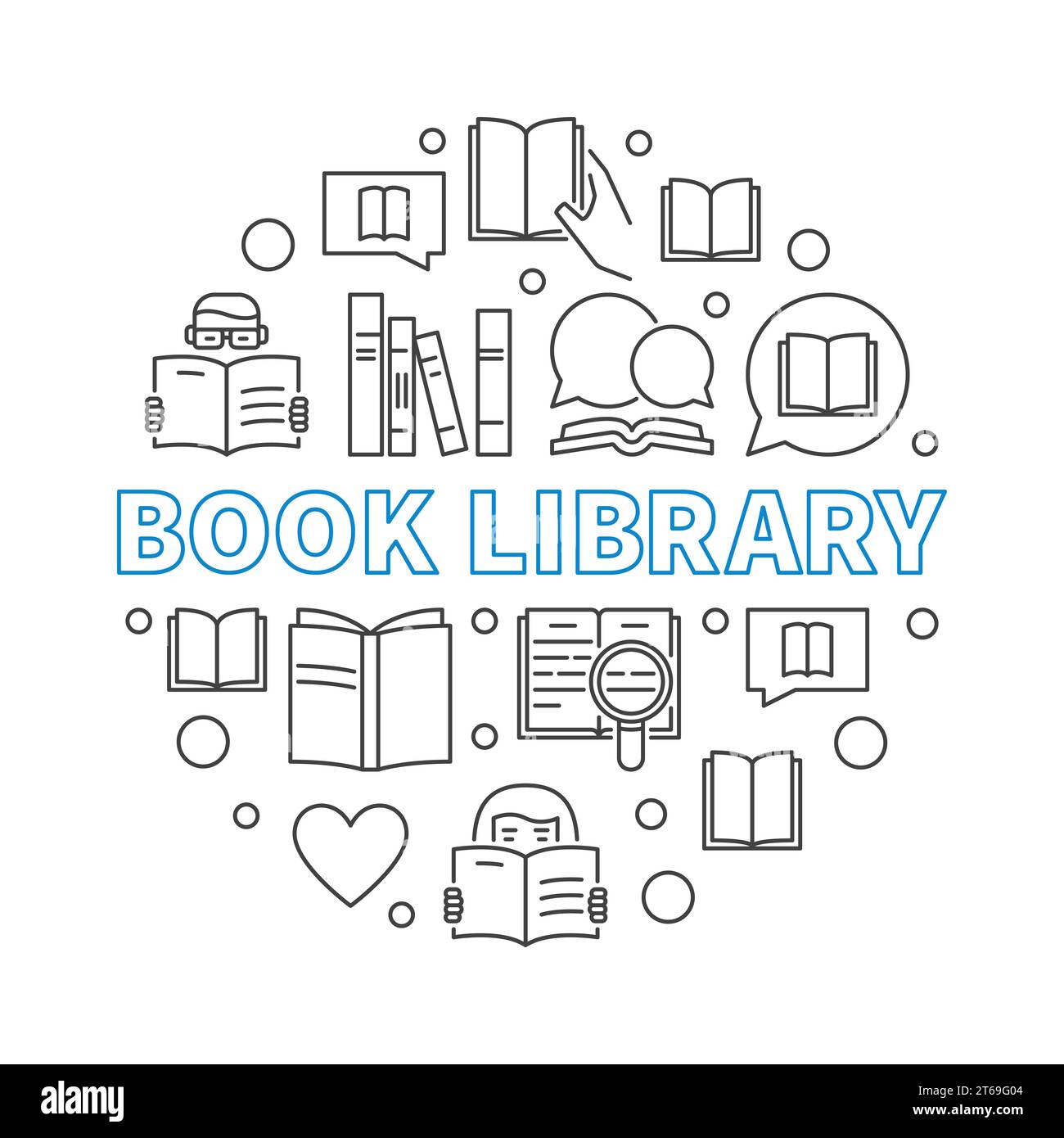 Illustrazione rotonda del concetto vettoriale della libreria di libri in stile linea sottile Illustrazione Vettoriale