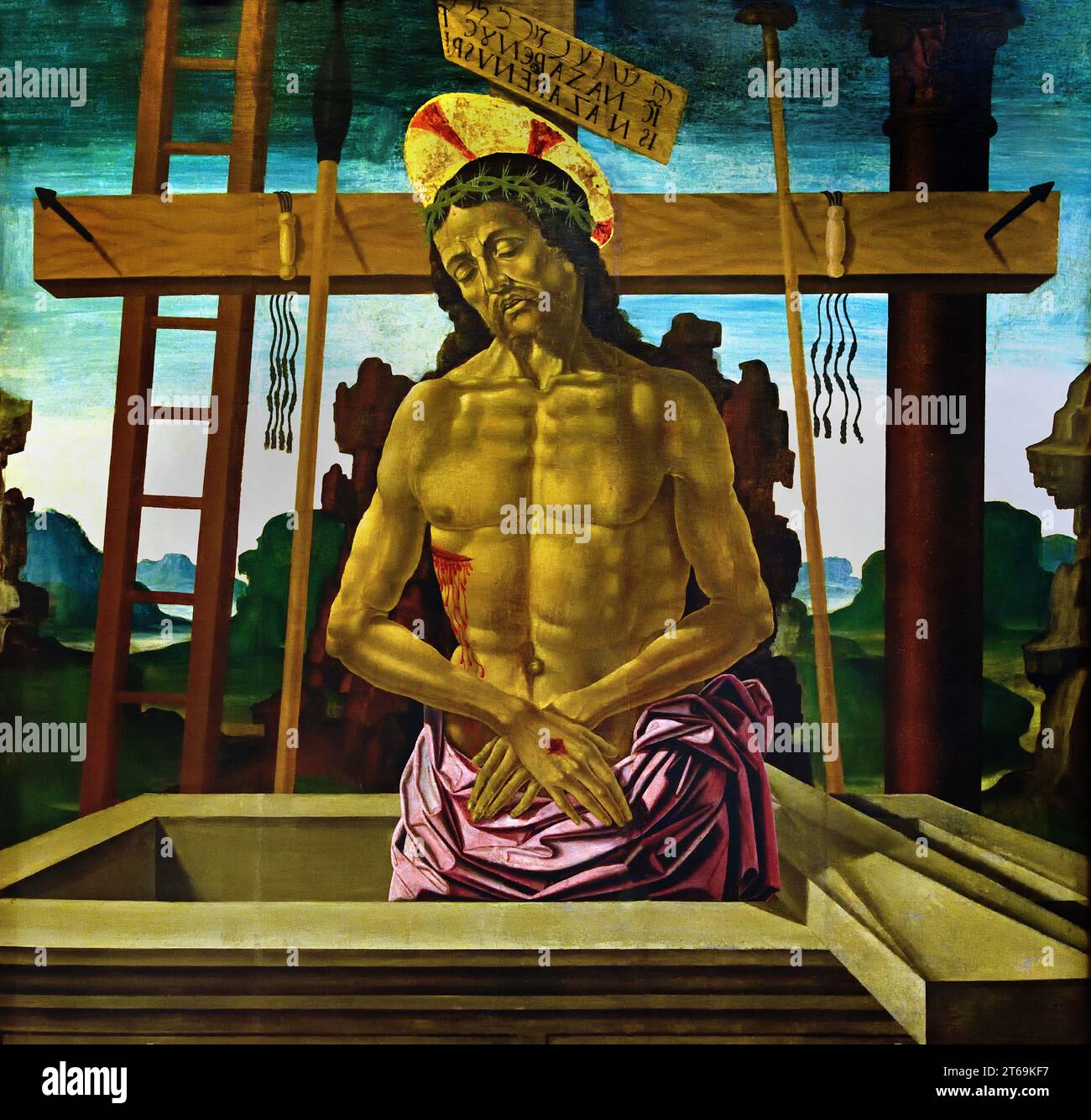 Cristo nella tomba con i simboli della passione Vincenzo de Rogata 1510 Museo di Belle Arti, Napoli, Italia, Italia, Foto Stock