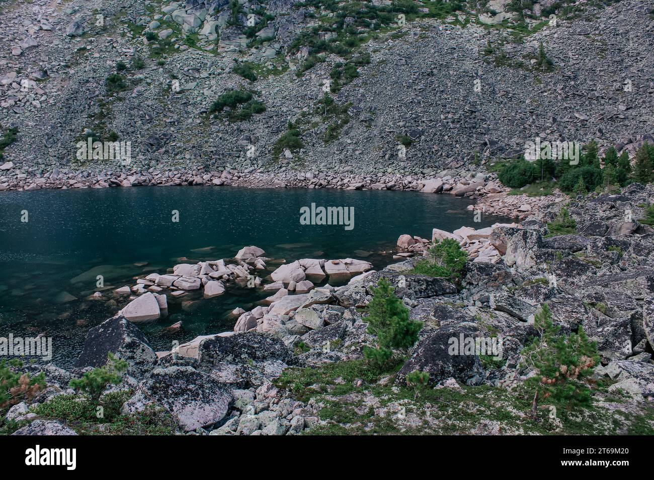 Paesaggio naturale estivo. Spiaggia isolata di uno stagno. Lago di montagna color smeraldo circondato da pietre e conifere sempreverdi. Foto Stock