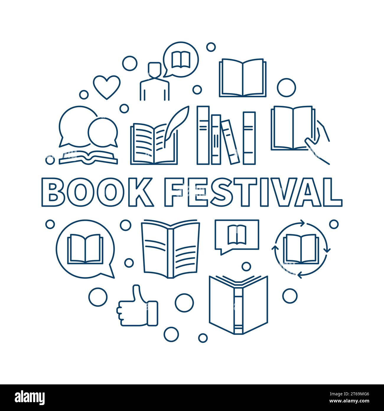 Illustrazione vettoriale rotonda del concetto del Festival del libro realizzata con icone dei libri di contorno Illustrazione Vettoriale