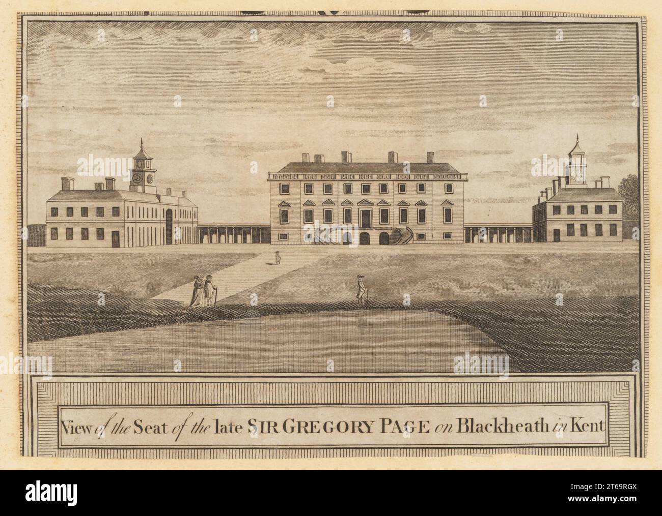 Wricklemarsh House, Kent, 1784. Veduta della sede del defunto Sir Gregory Page a Blackheath nel Kent. grande casa del xviii secolo con doppia scala curva, laghetto nel parco paesaggistico in primo piano. Costruito nel 1720 per 100.000 sterline, mai usato, ereditato da Sir Gregory Page-Turner nel 1783 che lo demolì nel 1803. Incisione su lastra di rame dal New and complete British Traveller di George Walpoole, Londra, 1784. Foto Stock