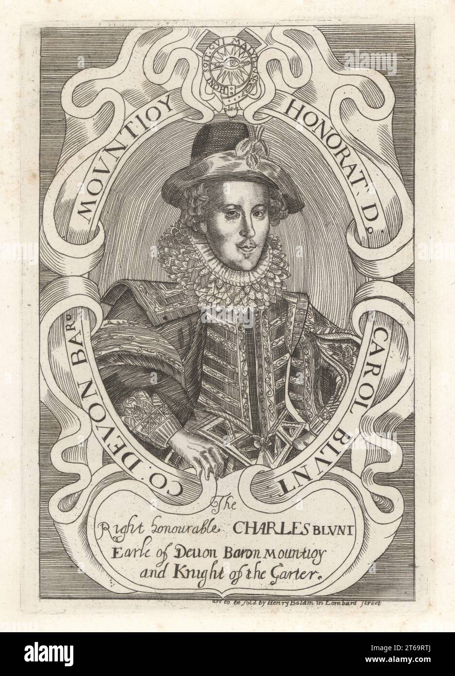 Charles Blount, i conte di Devonshire, 1563-1606. Nobiluomo e soldato inglese che prestò servizio come Lord Deputy d'Irlanda sotto la regina Elisabetta i, e in seguito come Lord Luogotenente d'Irlanda sotto re Giacomo I. Con cappello, collare, doppietta e mantello. Charles Blunt, conte di Devon, barone Mountjoy, cavaliere della Giarrettiera. Da un'impronta venduta da Henry Balam in Lombard Street. Incisione su lastra di rame dalla Samuel Woodburns Gallery di ritratti rari costituiti da piastre originali, George Jones, 102 St Martins Lane, Londra, 1816. Foto Stock