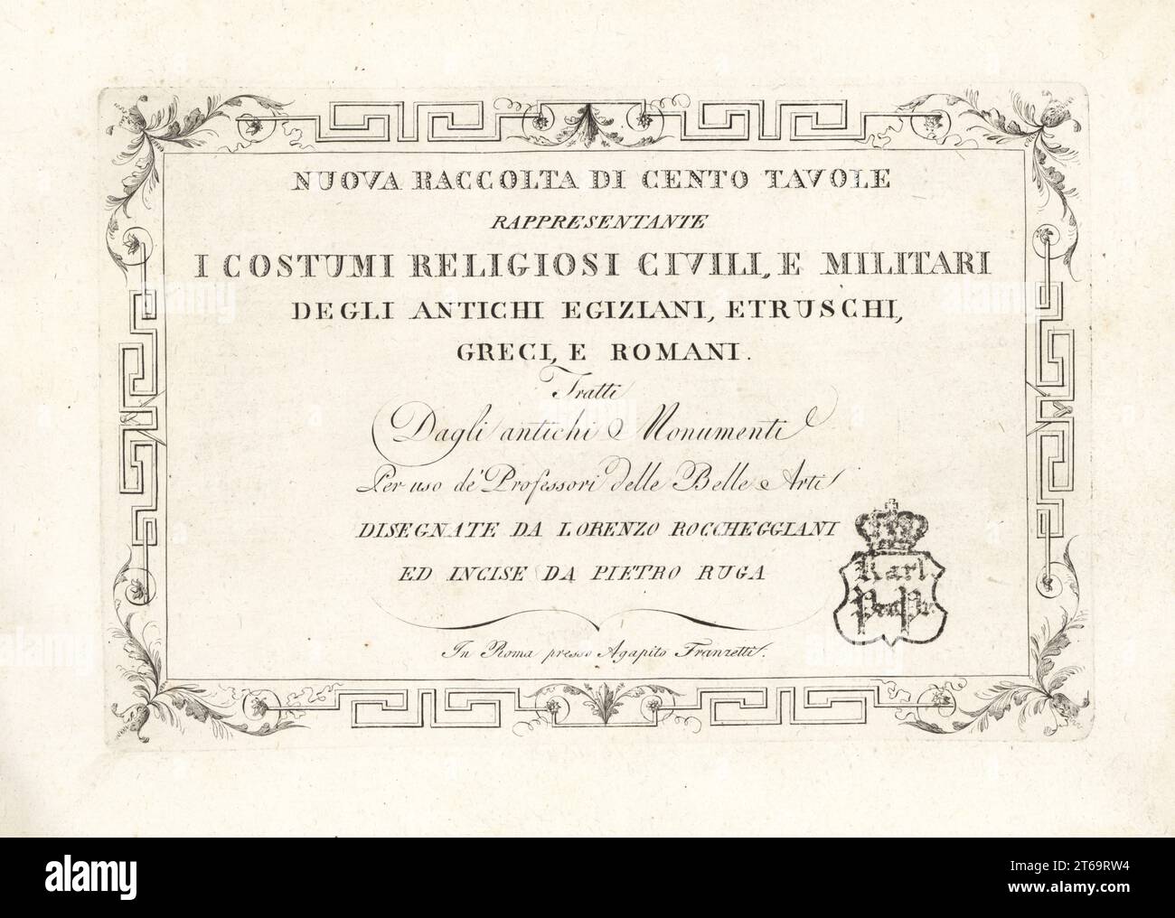 Incisione copperplate di Pietro Ruga dopo un'illustrazione di Lorenzo Rocceggiani da 100 tavole di costumi religiosi, civili e militari degli antichi Egiziani, Etruschi, Greci e Romani, Franzetti, Roma, 1802. Foto Stock