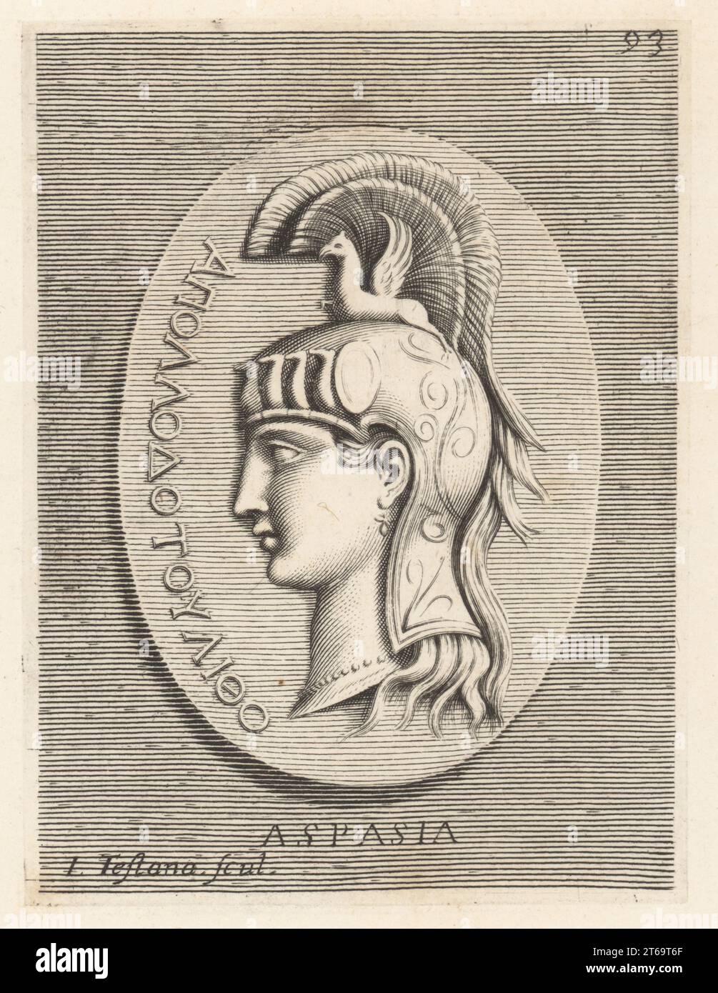 Aspasia, nata a Mileto, si trasferì ad Atene e ebbe una relazione con lo statista Pericle, V secolo a.C. Indossa un casco con un grifone che regge uno stemma. Con lettere greche che che indicano un dono di Apollo da una pietra preziosa. Aspasia con Griso sopra l'Elmo. Incisione su lastra di Giuseppe Testana su Giovanni Angelo Canini di Iconografia, cioe disegni d'imagini de famosissimi monarchi, regi, filososi, poeti ed oratori dell'Antichita, disegni di immagini di famosi monarchi, re, filosofi, poeti e oratori dell'antichità, Ignatio deLazari, Roma, 1699. Foto Stock