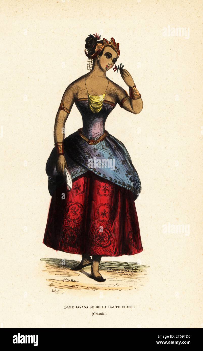 Nobile donna di Giava, Indonesia. Indossa un dodot e un sarong (gonna) in batik, sabuk (cintura), kemban (corsetto), collana e bracciali d'oro. Dame Javanaise de la haute classe (Oceanie). Adattato da un dipinto di William Daniell in Sir Thomas Raffles History of Java, 1824. Legno di Lisbet in onore di William Daniell da Moeurs, Usages et Costumes de tous les Peuples du Monde di Auguste Wahlen, Librairie Historique-Artistique, Bruxelles, 1845. Wahlen era lo pseudonimo di Jean-Francois-Nicolas Loumyer (1801-1875) Foto Stock