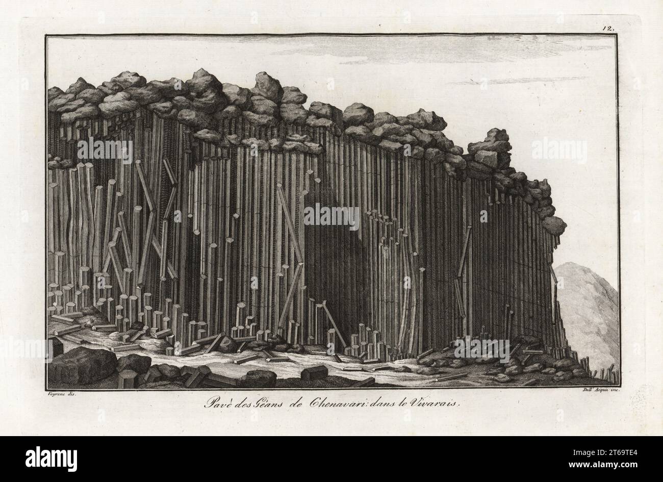 Colonnato di prismi di basalto o strada rialzata del gigante vicino al vulcano estinto Chenavari Peak, Vivarais/Ardeche Range. Dopo un progetto di Veyrenc in Recherches sur les volcans Eventints di Barthelemy Faujas de Saint-Fond, 1778. Pave des Geans de Chenavari dans le Vivarais. Incisione a lastra di rame di Giuseppe Dall'acqua di Scipion Breislaks Traite sur la Structure exterieure du Globe, Trattato sulla struttura esterna del Globe, Jean-Pierre Giegler, Milano, 1822. Foto Stock