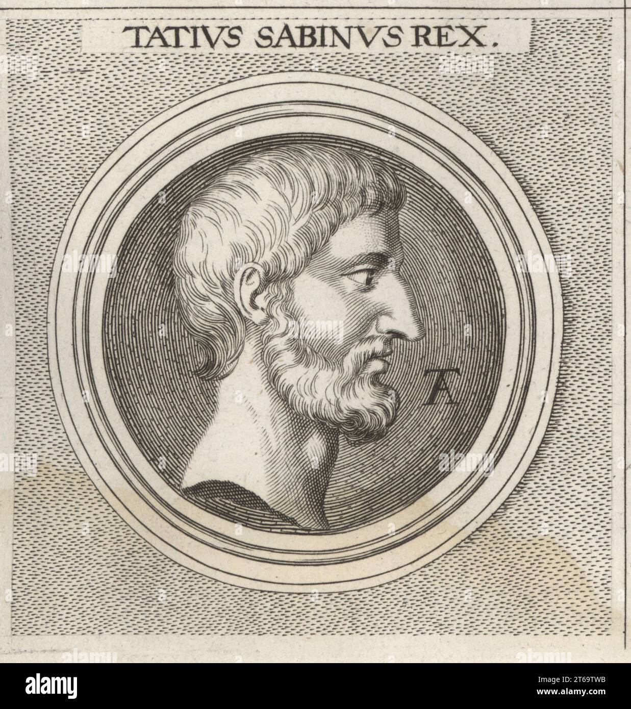 Tito Tazio, leggendario re Sabino che governò con Romolo, il fondatore di Roma. Tatius Sabinus Rex. Incisione su lastra di rame dopo un'illustrazione di Joachim von Sandrart dalla sua LAcademia Todesca, della Architectura, Scultura & Pittura, oder Teutsche Academie, der Edlen Bau- Bild- und Mahlerey-Kunste, Accademia tedesca di architettura, scultura e pittura, Jacob von Sandrart, Norimberga, 1675. Foto Stock