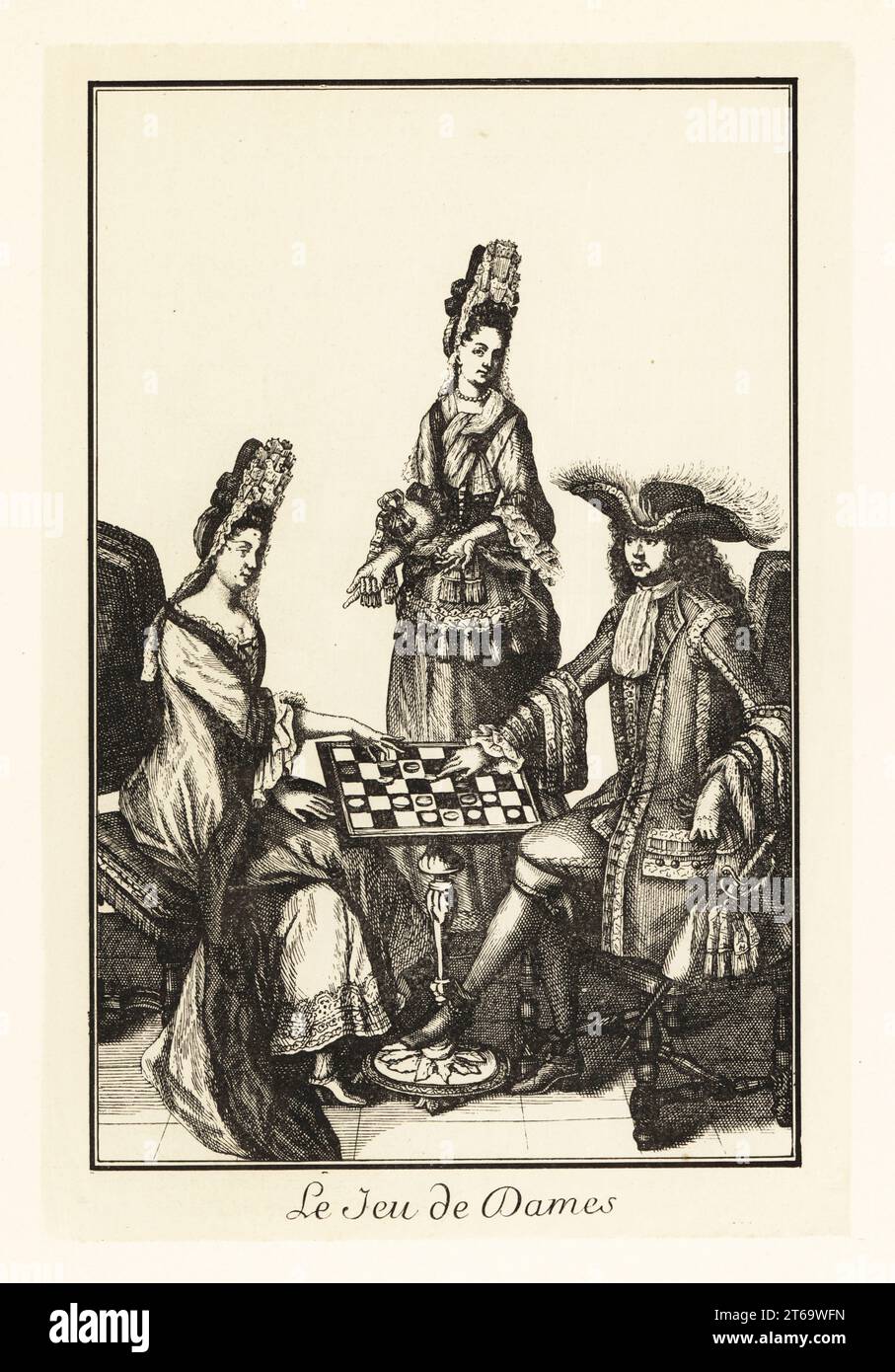 Aristocratici francesi che giocano un gioco di bozze, tra la fine del XVII e l'inizio del XVIII secolo. Un fop spinge una bozza mentre una donna va a prendere un pezzo. Un'altra donna guarda la partita. Dopo un copperplate di Nicolas Arnoult. Le jeu de dames. Litografia di Henry Rene dAllemagnes Recreations et Passe-Temps, Games and Pastimes, Hachette, Parigi, 1906. Foto Stock