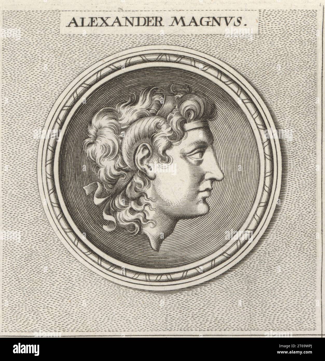 Alessandro III di Macedonia o Alessandro Magno, re dell'antico regno greco di Macedonia, 356-323 a.C. Capo della giovinezza con diadema e corna di Ammon. Alexander Magnus. Incisione su lastra di rame dopo un'illustrazione di Joachim von Sandrart dalla sua LAcademia Todesca, della Architectura, Scultura & Pittura, oder Teutsche Academie, der Edlen Bau- Bild- und Mahlerey-Kunste, Accademia tedesca di architettura, scultura e pittura, Jacob von Sandrart, Norimberga, 1675. Foto Stock