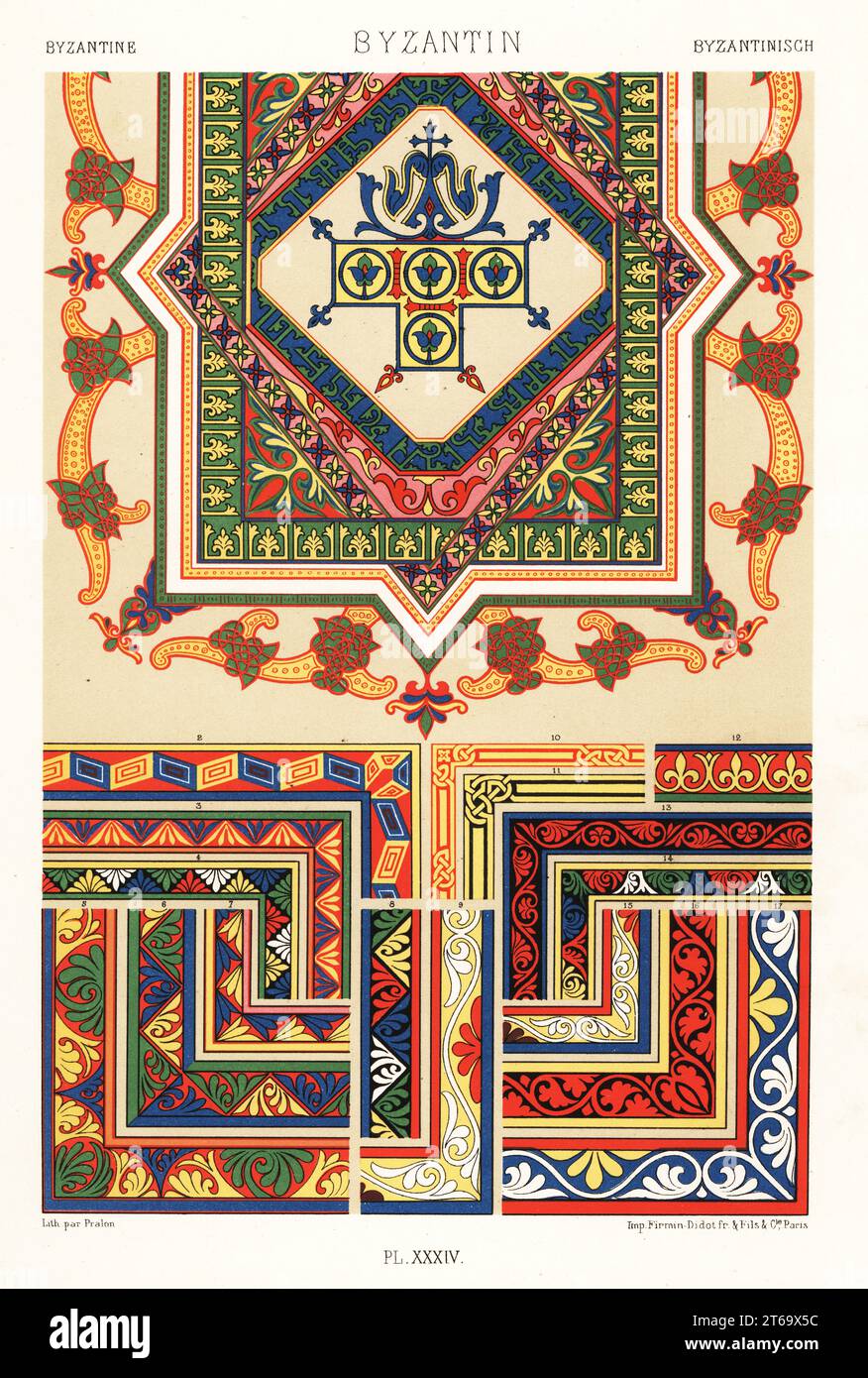 Arte bizantina: Manoscritti miniati, XI secolo. Top Flower 1 tratto dal manoscritto greco Bibliotheque Nationale MS 230, and all other Borders 2-17 from MS 1075, Evengelieire ou Apocalypse d'Aquitaine ou d'Espagne. Byzantin. Cromolitografia rifinita a mano da Pralon di Albert-Charles-Auguste Racinets LOrnement Polychrome, (decorazione policromatica), Firmin-Didot, Parigi, 1869-73. Foto Stock