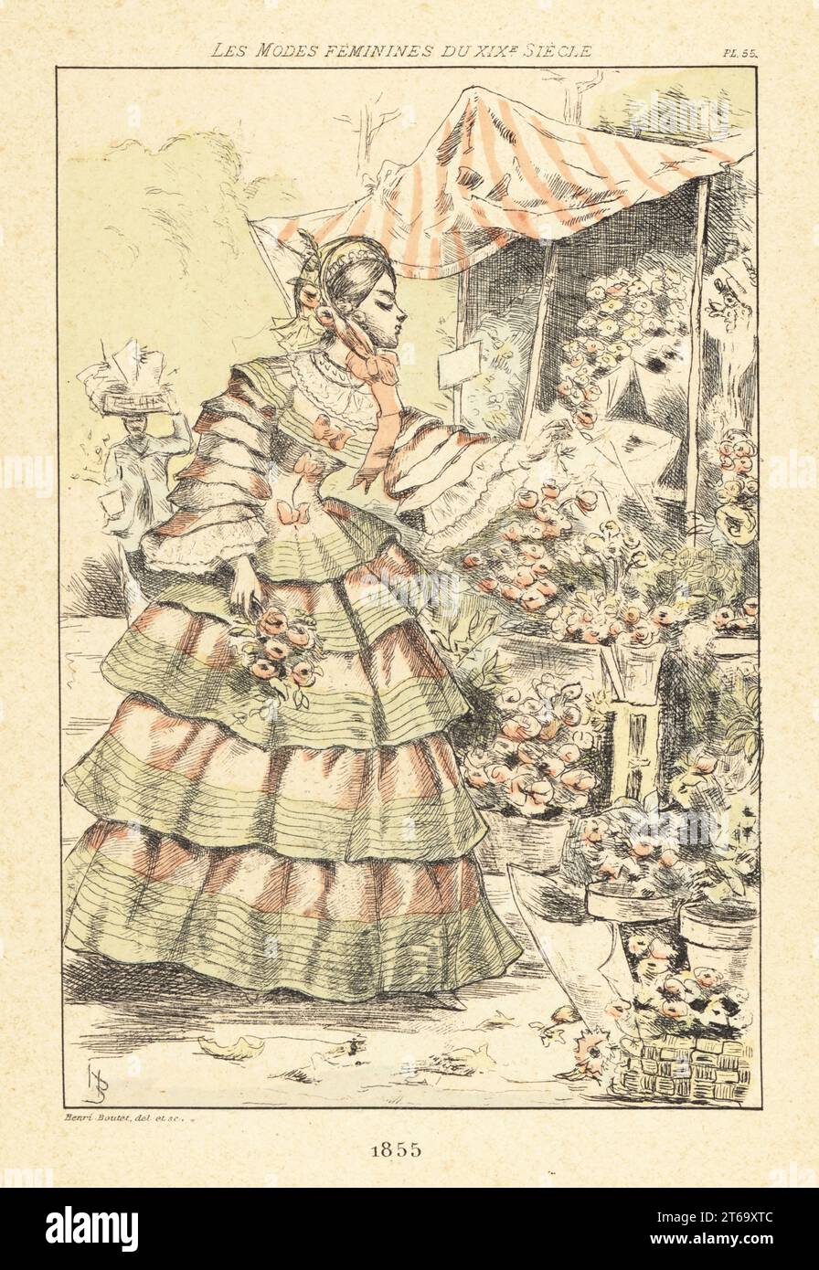 Donna alla moda che guarda i fiori su una bancarella nel mercato dei fiori di Parigi, Ile de la Cite, 1855. Nel cofano, abito con balze a strati su maniche e gonna. Incisione di Henri Boutet di Les Modes Feminines du XIXeme Siecle (Femminile del 19th secolo), Ernest Flammarion, Parigi, 1902. Boutet (1851-1919) è stato un . Foto Stock