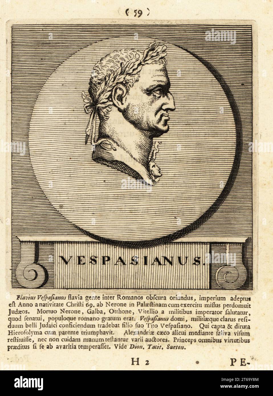 Vespasiano, 9 79 d.C., imperatore romano dal 69 al 79 d.C. Il quarto e ultimo nell'anno dei quattro imperatori, fondò la dinastia Flaviana che governò l'Impero per 27 anni. Titus Flavius Vespasianus. Incisione su lastra di rame di Pieter Bodart (1676-1712) da Henricus Spoors Deorum et Heroum, Virorum et Mulierum Illustrium Imagines Antiquae Illustatae, Gods and Heroes, Men and Women, Illustrated with Antique Images, Petrum, Amsterdam, 1715. Pubblicato per la prima volta come Favissæ utriusque antiquitatis tam Romanæ quam Græcæ nel 1707. Henricus Spoor era un medico olandese, studioso classico, poeta e scrittore, fl. 1694- Foto Stock