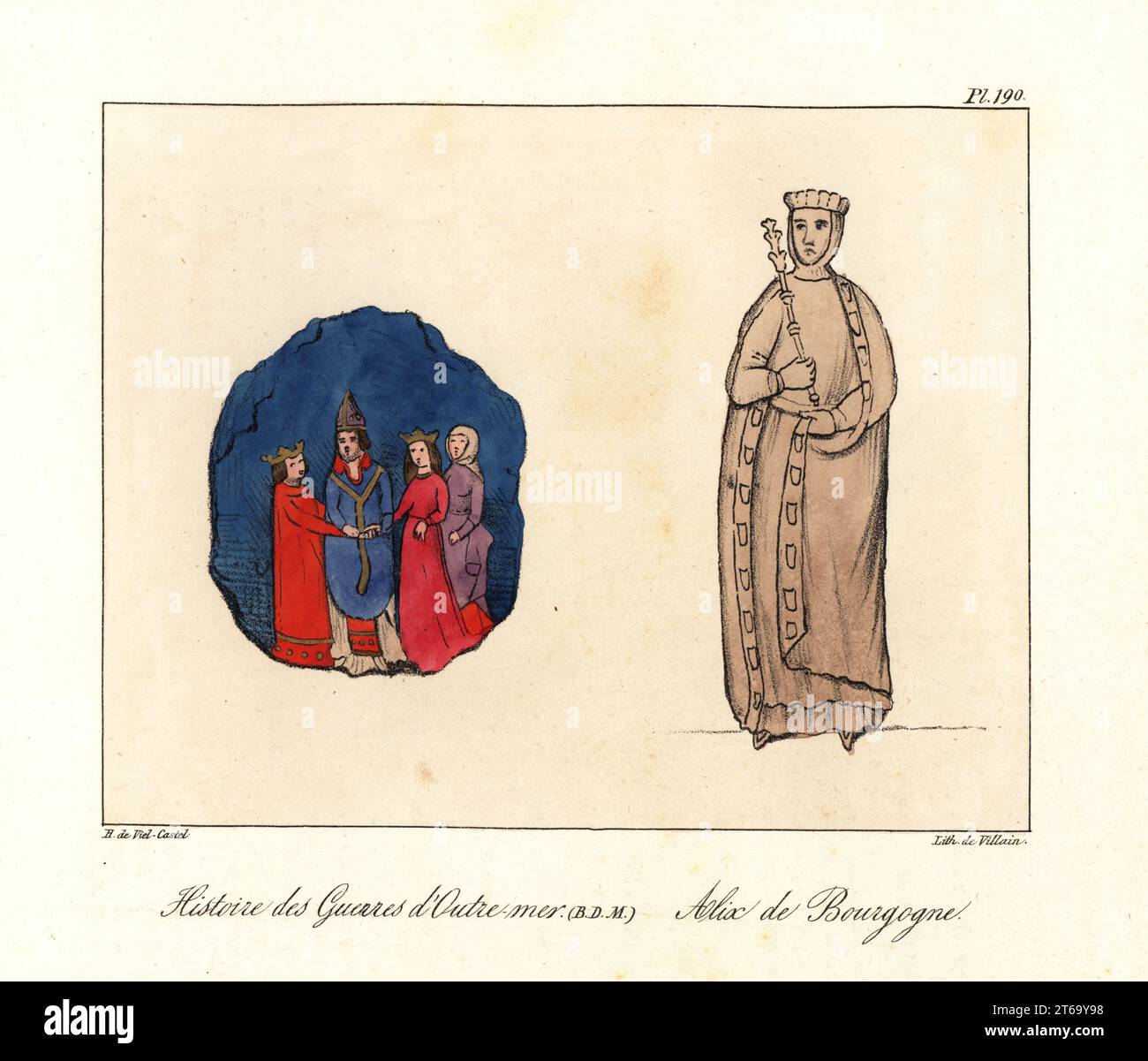 Cerimonia di nozze reale dal manoscritto di Guillaume de Tyrs storia delle guerre straniere, e figura di Adelaide di Borgogna, duchessa del Brabante (1233-1273), in wimple e mantello rivestiti di stemmi. Histoire des Guerres dOutre-mer, BDM, Alix de Bourgogne. Litografia colorata a mano di Villain dopo un'illustrazione di Horace de Viel-Castel dalla sua Collection des Costumes, Armes et meubles pour servir à l'histoire de la France (Collezione di costumi, armi e mobili da utilizzare nella storia della Francia), Treuttel & Wurtz, Bossange, 1829. Foto Stock