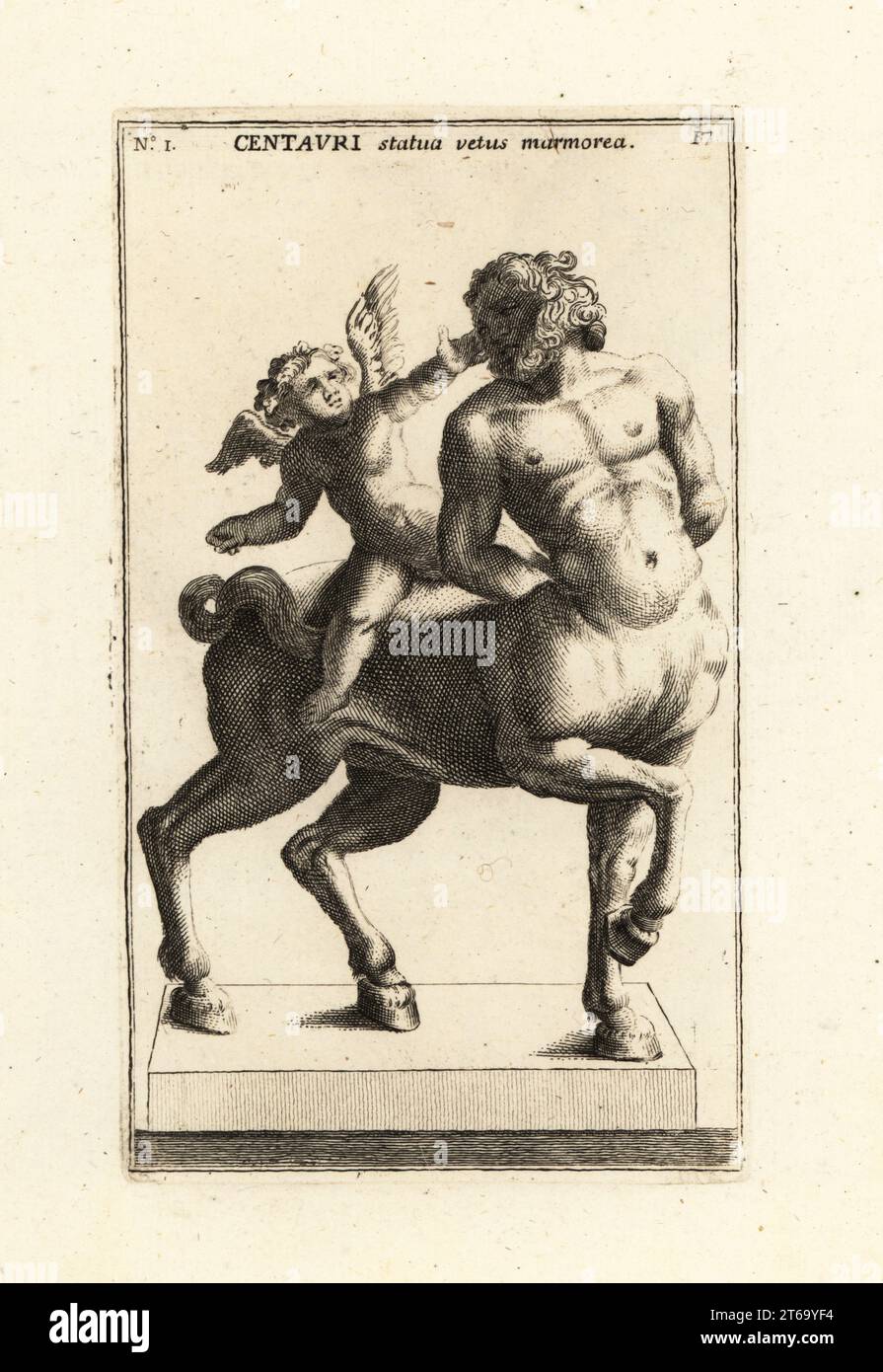 Statua di marmo di un Centauro e Cupido, ora al Louvre. Copia romana di una statua greca di uno scultore di Afrodisia, i o II secolo d.C. Centauri statua vetus marmorea. Incisione copperplate di Giovanni Battista Cannetti da Copperplate delle più belle statue antiche di Roma, Calcografia di piu belle statue antiche a Roma, incisa da Cannetti all'Arco della Ciambella, edita da Gaetano Quojani, Roma, 1779. Foto Stock