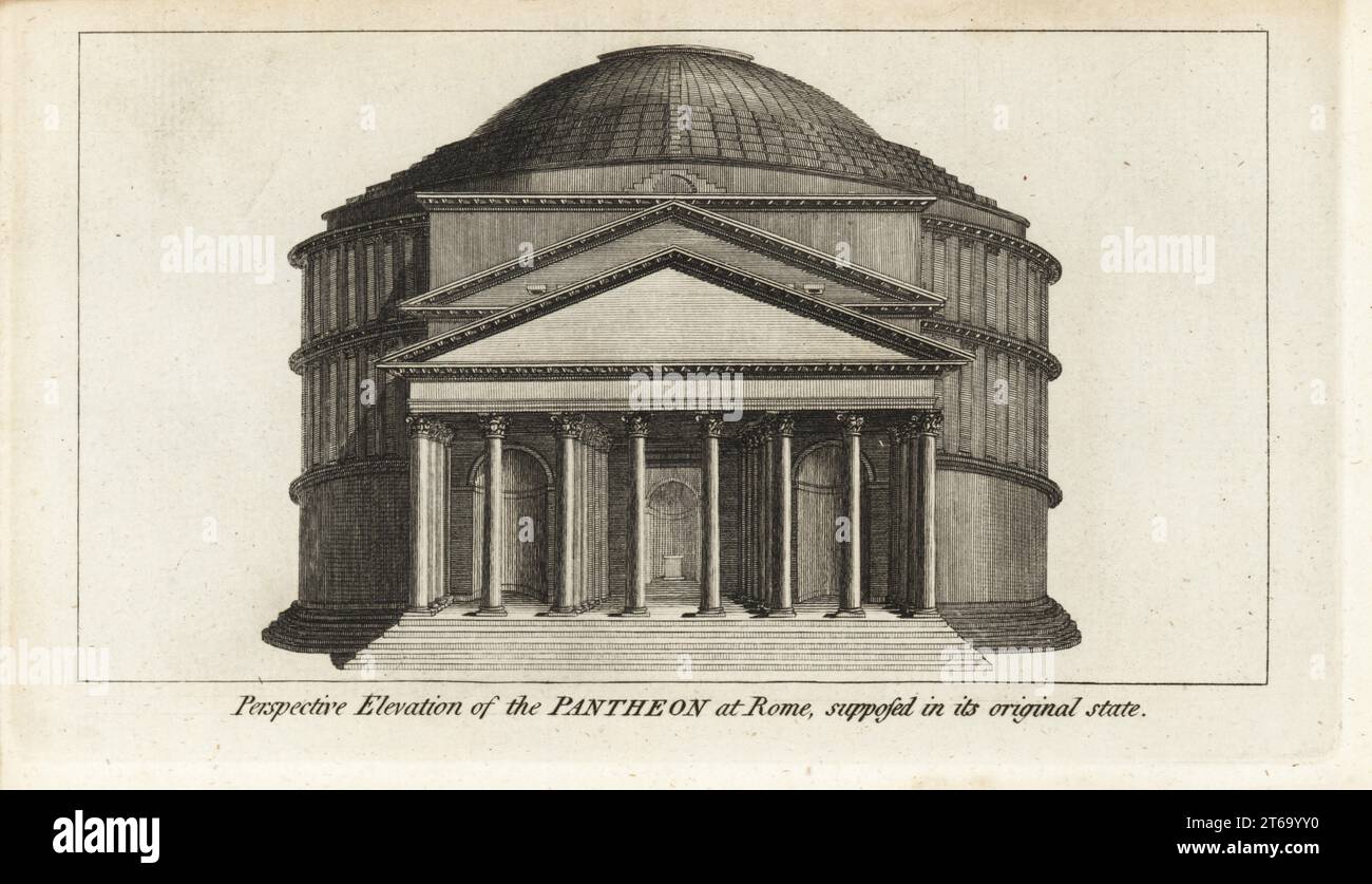 Elevazione prospettica del Pantheon, Roma, supposta nel suo stato originale. Tempio romano con portico di otto colonne corinzie e due frontoni, rotonda sotto una cupola. Costruito da Marco Agrippa per l'imperatore Cesare Augusto, i secolo d.C. Incisione su lastra di rame da Francis Fitzgeralds The Artists Repository and Drawing Magazine, Charles Taylor, Londra, 1785. Foto Stock