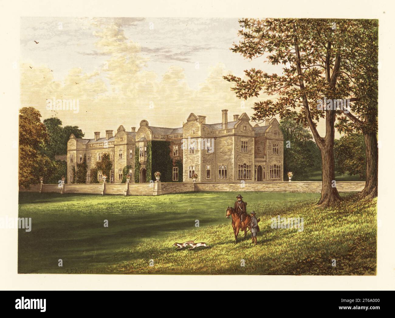 Brantingham Thorpe, Yorkshire, Inghilterra. Casa elisabettiana con successiva ristrutturazione dell'architetto George Devey per Sir Tatton Sykes, V baronetto. Colorazione del legno di Benjamin Fawcett nel processo Baxter di un'illustrazione di Alexander Francis Lydon del reverendo Francis Orpen Morriss pittoresche vedute dei sedili dei nobili e dei signori di Gran Bretagna e Irlanda, William Mackenzie, Londra, 1880. Foto Stock