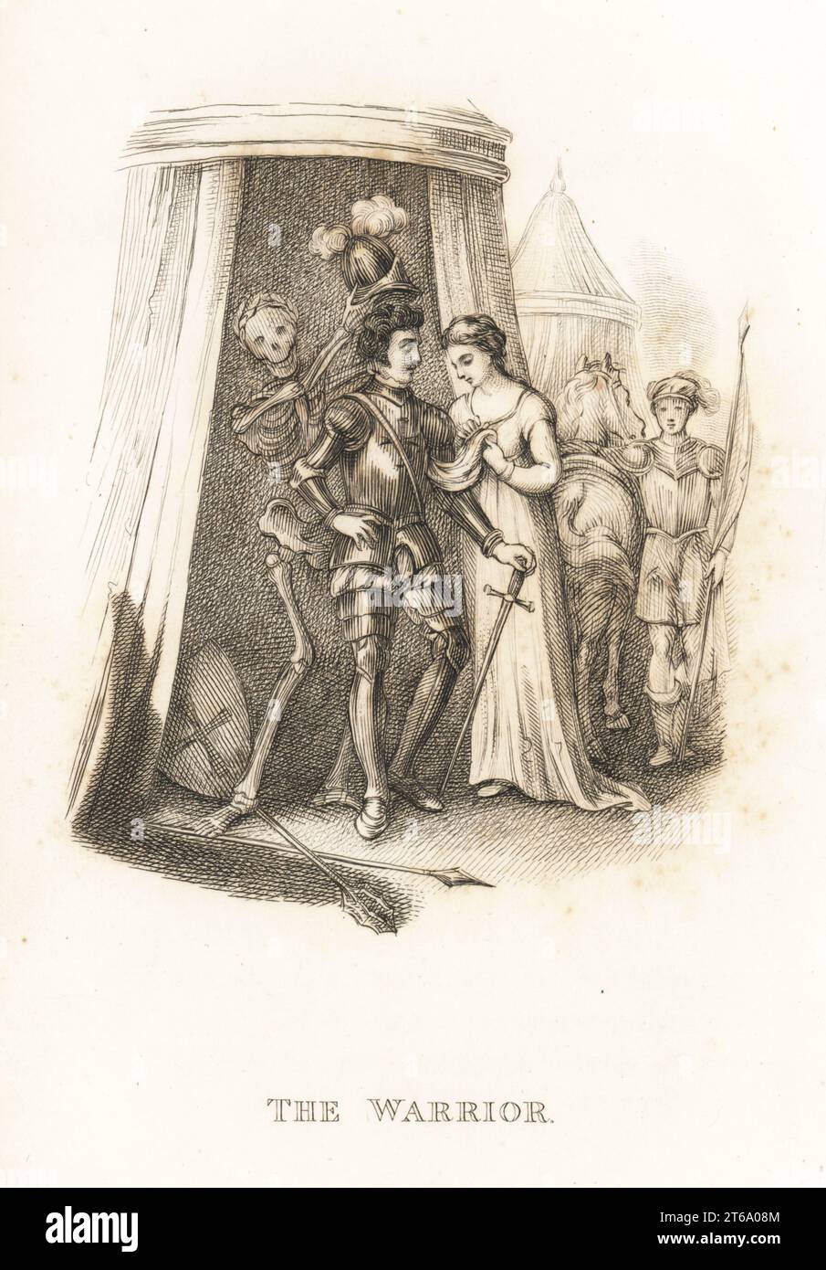 Lo scheletro della morte e il guerriero. La morte aiuta il cavaliere a mettersi sul suo timone prima di una tourney. Il cavaliere indossa un'armatura completa e tiene una spada. Si trova di fronte a una tenda e una signora gli offre un fazzoletto. Illustrazione disegnata e incisa su acciaio da Richard Dagley dalle sue azioni di morte, consistenti in numerose composizioni originali in versi e prosa, J. Andrews, Londra, 1827. Dagley (1761-1841) è stato un pittore, illustratore e incisore inglese. Foto Stock