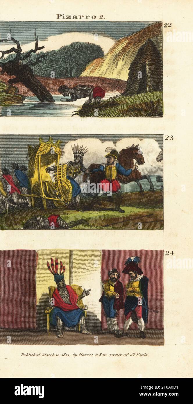 Nativo peruviano che scopre il chinino dalla corteccia di Cinchona 22, Francisco Pizarro che conquista l'imperatore Inca Atahualpa 23, e Atahualpa che espone Pizarro come analfabeta 24. Incisione su copperplate a mano dal Rev. Isaac Taylors Scenes in America, for the Amusement and Instruction of Little Tarry-at-Home Travelers, John Harris, Londra, 1821. Foto Stock