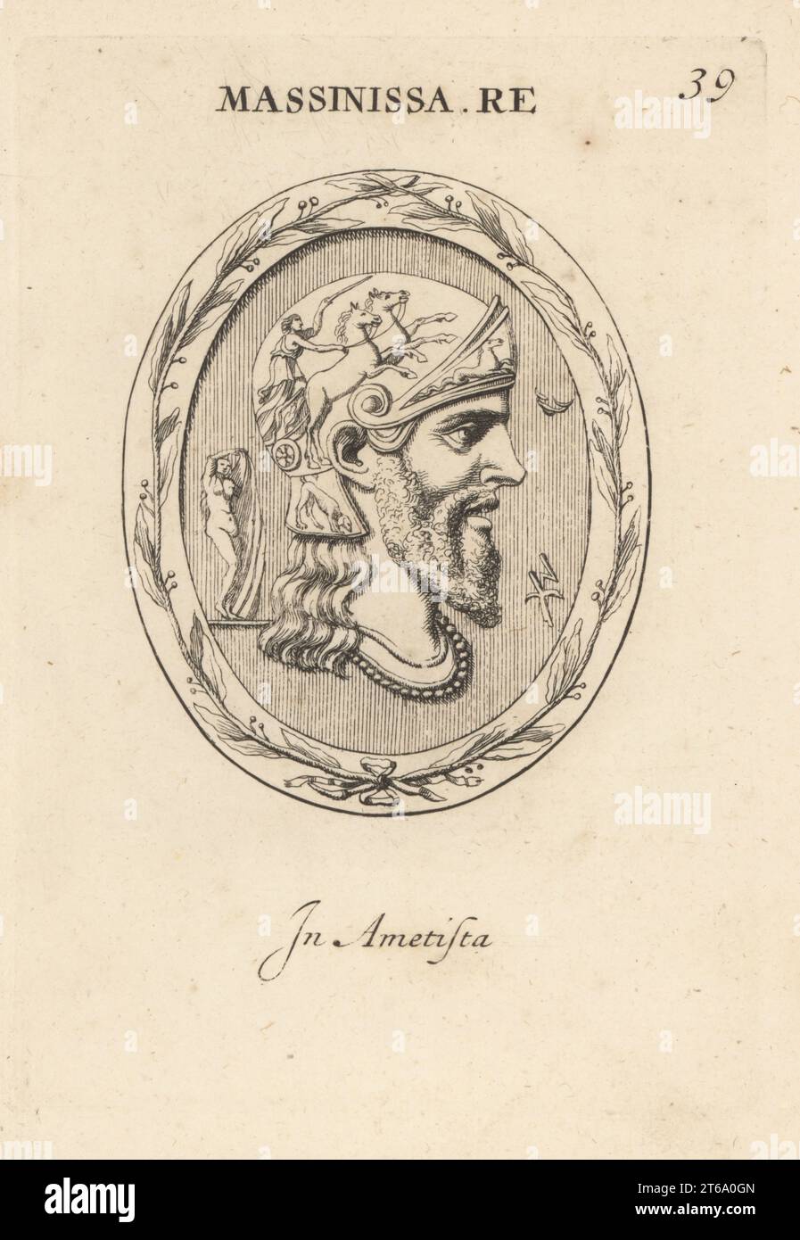 Busto di re Masinissa, 238 a.C. 148 a.C., antico capo numidiano delle tribù berbere Massilii durante la seconda guerra punica. In casco con carro da guerra biga. In ametista. Massinissa Re. Ad Ametista. Incisione su lastra di rame di Giovanni Battista Galestruzzi in onore di Leonardo Agostini da Gemmae et Sculpturae Antiquae Depicti ab Leonardo Augustino Senesi, Abraham Blooteling, Amsterdam, 1685. Foto Stock