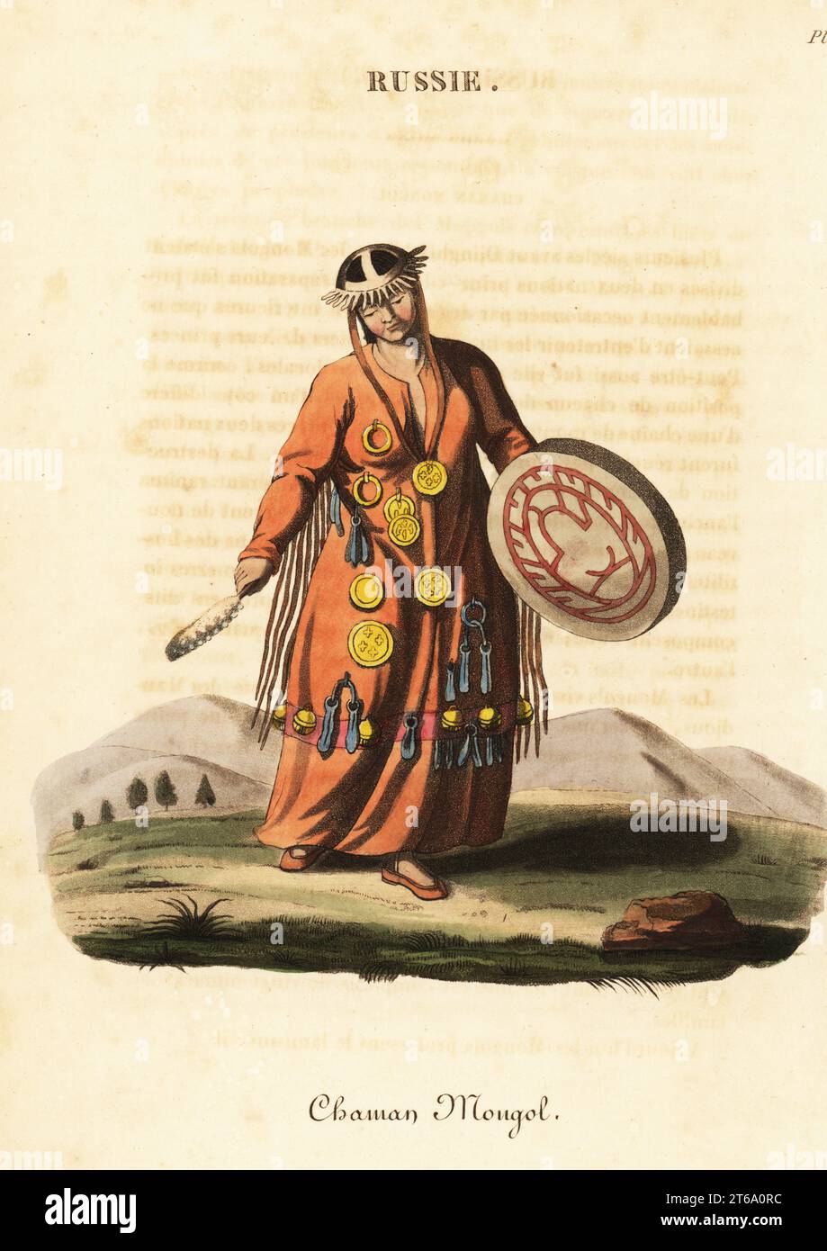Maga o sciamano, popolo mongolo, XVIII secolo. Indossa un cappello di ferro e un abito di pelle con frange decorato con pezzi di ferro. Tiene una batteria e una piuma. Sciamano mongolo, Chaman Mongol.incisione su copperplate a mano su un'illustrazione di William Alexander di J-B.. Eyries la Russie: Costumes, Moeurs et Usages des Russes, Russia: Costumes, Manners and Mores of the Russian, Librairie de Gide Fils, Parigi, 1823. Jean-Baptiste Eyries (1767-1846) è stato un geografo, autore e traduttore francese. Foto Stock