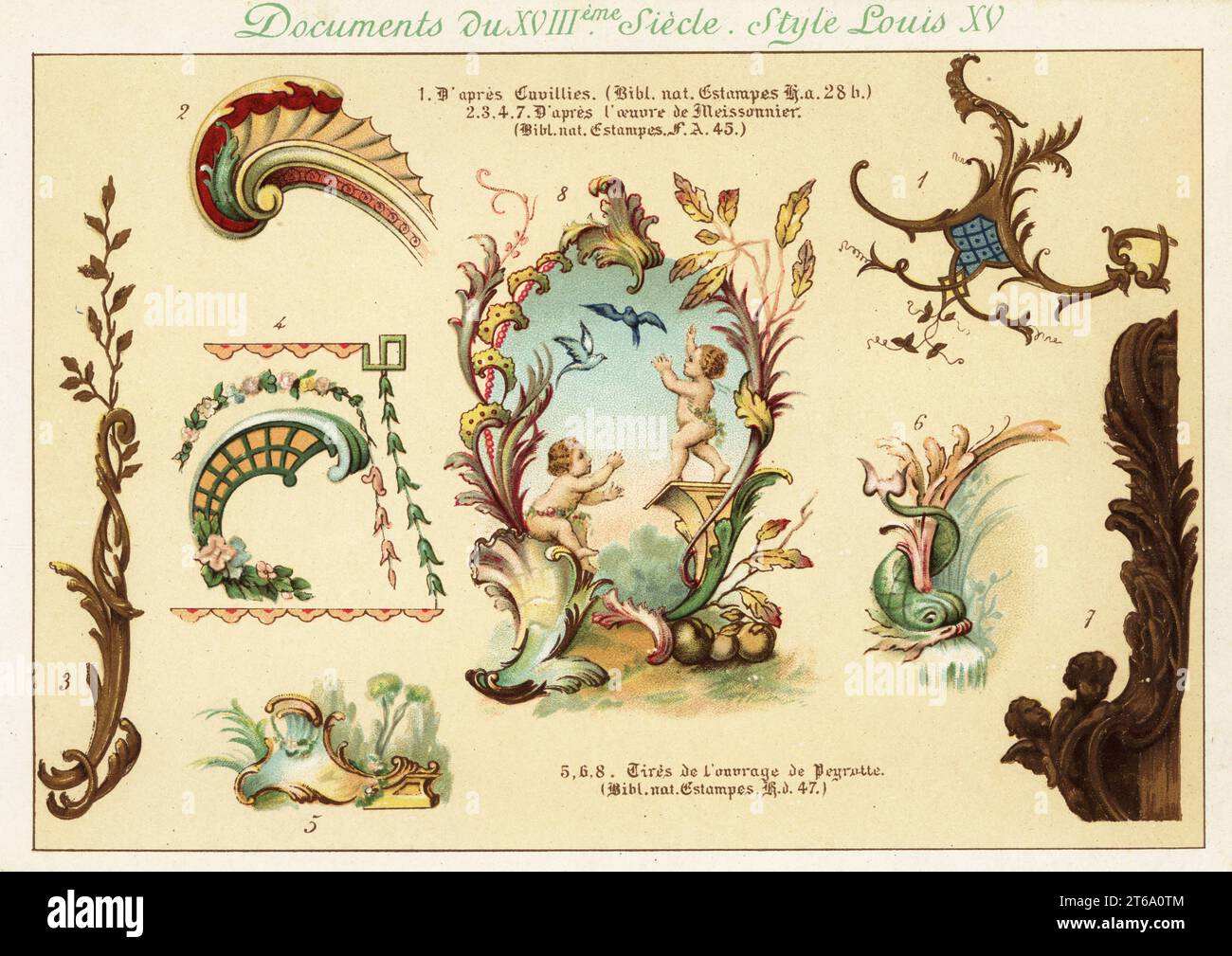 Elementi di design dell'epoca del Re Luigi XV, XVIII secolo. 1 dopo Francois de Cuvillies, 2-7 dopo Juste-Aurelle Meissonnier, 5-8 dopo Alexis Peyrotta. Chromolithograph progettato e litografato da Ernst Guillot da Elements d'Ornementation du XVIIIe Siecle, elementi di ornamento del 18 ° secolo, Renouard, Parigi, 1890. Foto Stock