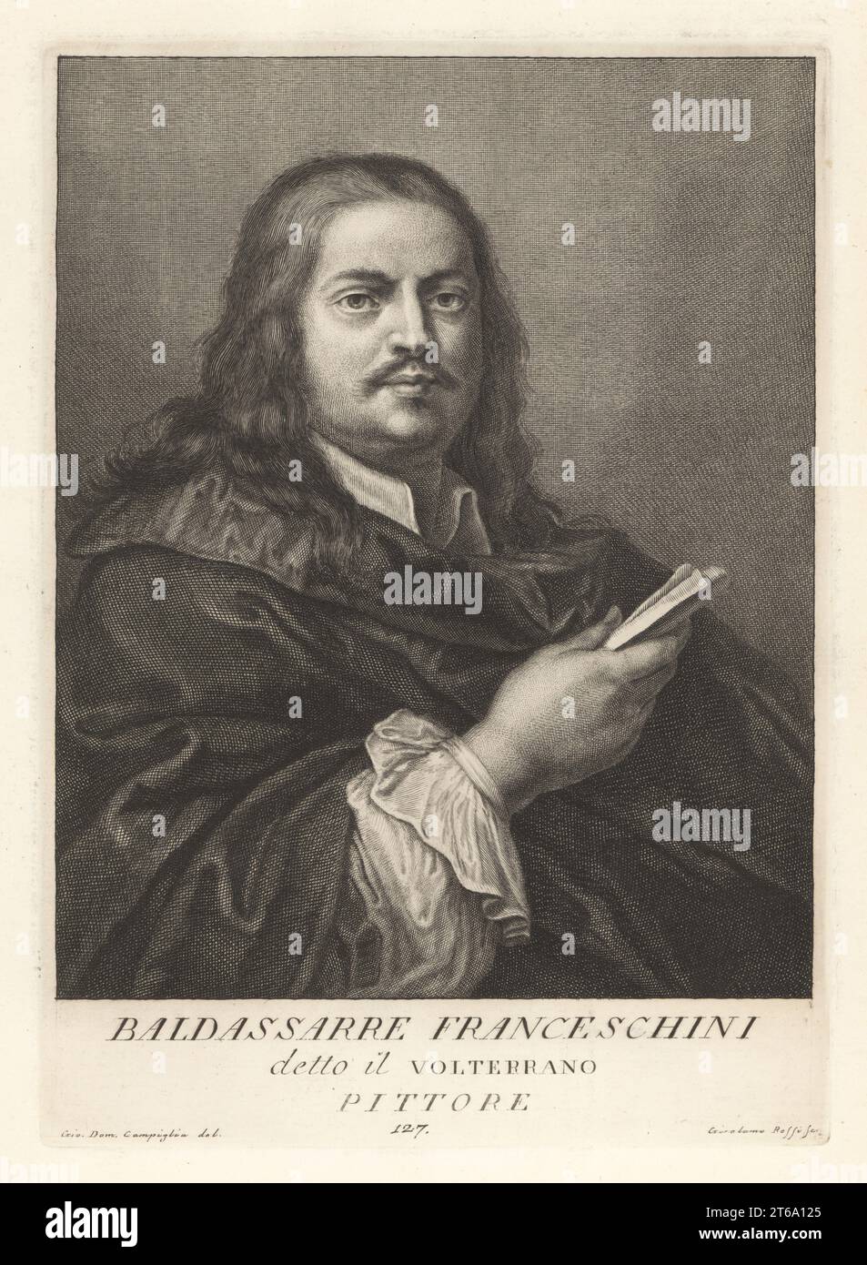 Baldassare Franceschini, chiamato il Volterrano dopo la sua nascita luogo Volterra, pittore e disegnatore italiano tardo barocco, 1611-1689. Attivo principalmente intorno a Firenze e Volterra. Pittore. Incisione in copperplate di Girolamo Rossi dopo Giovanni Domenico Campiglia dopo un autoritratto dell'artista dal Museo Florentino di Francesco Moucke, Serie di Ritratti de Pittori (Serie di ritratti di pittori) stamperia Mouckiana, Firenze, 1752-62. Foto Stock