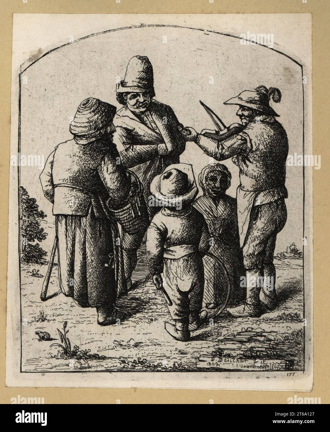 contadini del xvii secolo che ascoltano un fiddler di strada. Una vecchia donna con cesto di paglia, bastone e chiavi sulla cintura, un ragazzo con cerchio e bastone. Incisione su copperplate di David Deuchar da una collezione di Etchings dopo i più eminenti Maestri delle Scuole Olandese e Fiamminga, Edimburgo, 1803. Foto Stock