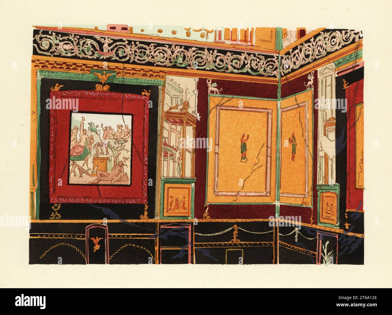 Exedra nell'atrio della Casa di Sirico, Pompei. Con dipinti di Erato e altre muse. Quarto stile pompeiano. Maison de Siricus, Regione IV.I.47. Stile Quatrieme. Litografia di Pierre Guzman dal suo murale di decorazione a Pompei, (decorazione del muro a Pompei), Edizioni Albert Morance), Parigi, 1924. Foto Stock