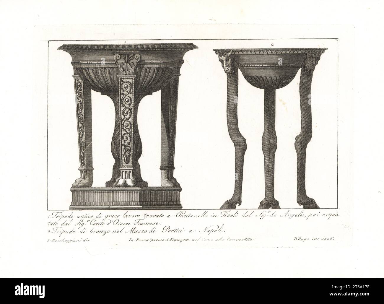 Antico treppiede di produzione greca trovato a Pantanello, Tivoli, 1, e treppiede di bronzo nel Museo di Portici, Napoli 2. Incisione copperplate di Pietro Ruga dopo un'illustrazione di Lorenzo Rocceggiani da 100 tavole di costumi religiosi, civili e militari degli antichi Egiziani, Etruschi, Greci e Romani, Franzetti, Roma, 1802. Foto Stock