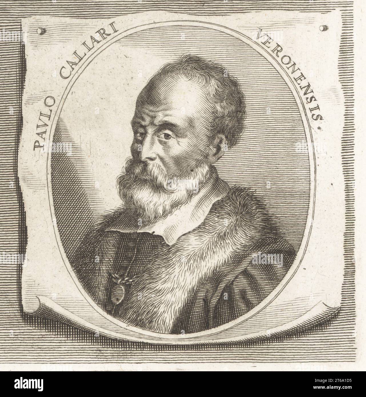 Paolo Veronese, nato Paolo Caliari, pittore italiano del Rinascimento con sede a Venezia, 1528-1588. Paulo Caliari Veronensis. Incisione su lastra di rame dopo un'illustrazione di Joachim von Sandrart dalla sua LAcademia Todesca, della Architectura, Scultura & Pittura, oder Teutsche Academie, der Edlen Bau- Bild- und Mahlerey-Kunste, Accademia tedesca di architettura, scultura e pittura, Jacob von Sandrart, Norimberga, 1675. Foto Stock