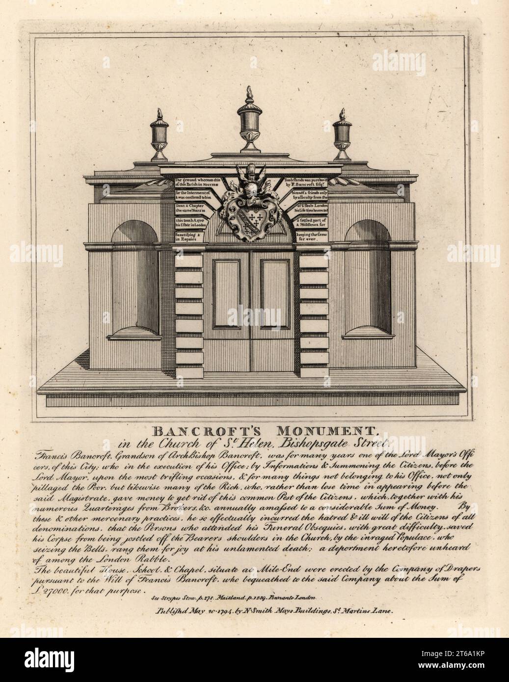 Monumento di Thomas Bancroft, Lord Mayors Officer, nella chiesa di St. Helen, Bishopsgate Street. Incisione su lastra di rame di John Thomas Smith su disegni originali dei membri della Society of Antiquaries dal suo J.T. Smiths Antiquities of London and ITS Environs, J. Sewell, R. Folder, J. Simco, London, 1794. Foto Stock