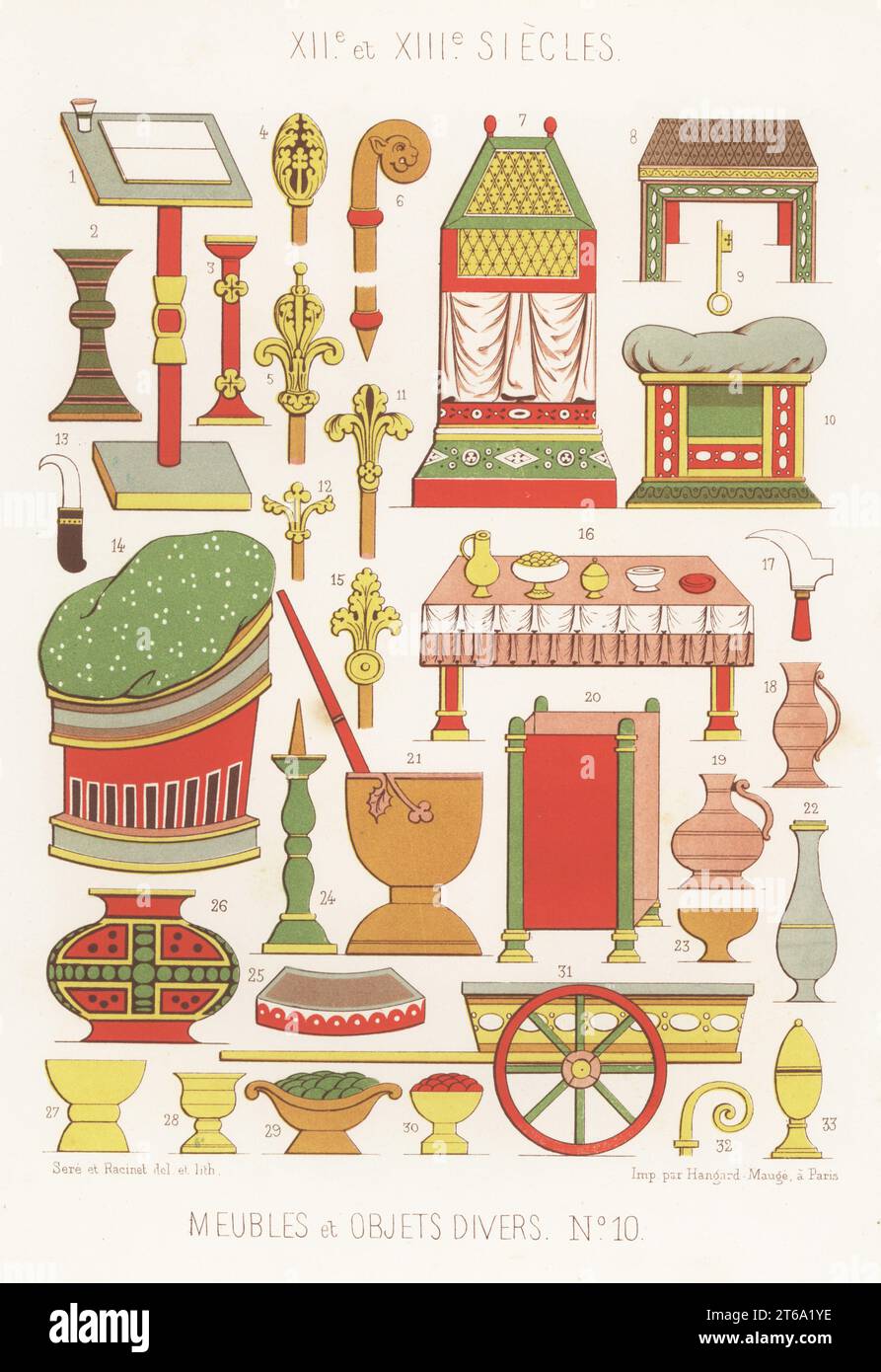 Mobili, utensili e altri oggetti, secoli 12th e 13th. Scrittrice scrivania 1, chiesa candelabri 2,3,24, scettri 4,5,11,12,15, catalana 7, tabella 8, chiave 9, sedia 10,14, gancio per la distinta del picker 13, tavolo da pranzo 16, gancio per la distinta del viticoltore 17, brocche di vino 18,19, pulpito portatile 20, utensili per la preparazione del burro 21, bricco di latte 22, tazza da degustazione 23, sgabello 25, vaso per raffreddare le bevande 16, tazza 27, calice 28, vaso per la frutta 29,30, carrello 31, crosiers 6,32,33. Meubles et Objets Divers, XIIe a XIIIe siecles. Da vari manoscritti e vetrate. Chromolithograph di Ferdinand Sere e Auguste Racinet da Foto Stock