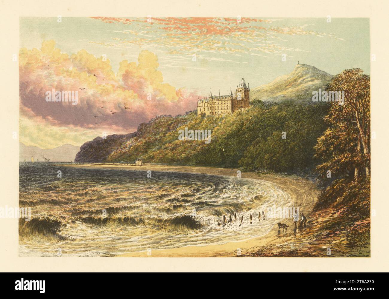 Dunrobin Castle, Sutherlandshire, Scozia. Castello medievale ristrutturato in una casa signorile con giardini nel 1835-50 dall'architetto Sir Charles Barry per il XX duca di Sutherland. Colorazione del legno di Benjamin Fawcett nel processo Baxter di un'illustrazione di Alexander Francis Lydon del reverendo Francis Orpen Morriss pittoresche vedute dei sedili dei nobili e dei signori di Gran Bretagna e Irlanda, William Mackenzie, Londra, 1880. Foto Stock