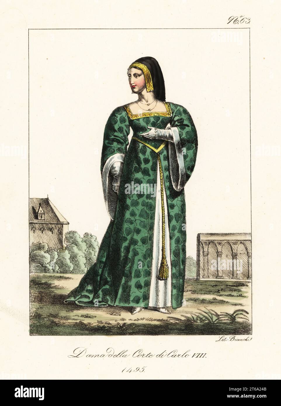 Signora francese della corte di re Carlo VIII di Francia, 1495. In copricapo con velo nero, abito verde con motivo a foglia, petticoat bianco, pantofole, guanti. Dame de la Cour de Charles VIII Litografia colorata a mano di Lorenzo Bianchi dopo Hippolyte Lecomte da Costumi civili e militari della monarchia francese dal 1200 al 1820, Napoli, 1825. Edizione italiana dei Lecomti costumi civili e militari della monarchia francese dal 1200 al 1820. Foto Stock