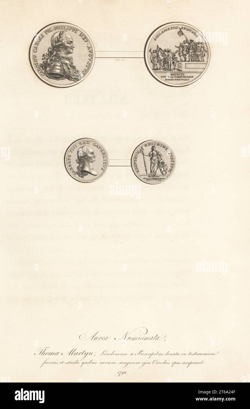 Medaglioni d'oro di re Carlo IV di Spagna di P. Sepulveda. Carolus Caroli Fil. Philippi NEP. Augusto e Carolus III Rex Catholicus. Aurea Numismata. Incisione su lastra di rame di Barlow da Thomas Martyns l'entomologo inglese, che espone tutti gli insetti Coleopteri trovati in Inghilterra, Academy for Illustrating and Painting Natural History, Londra, 1792. Foto Stock